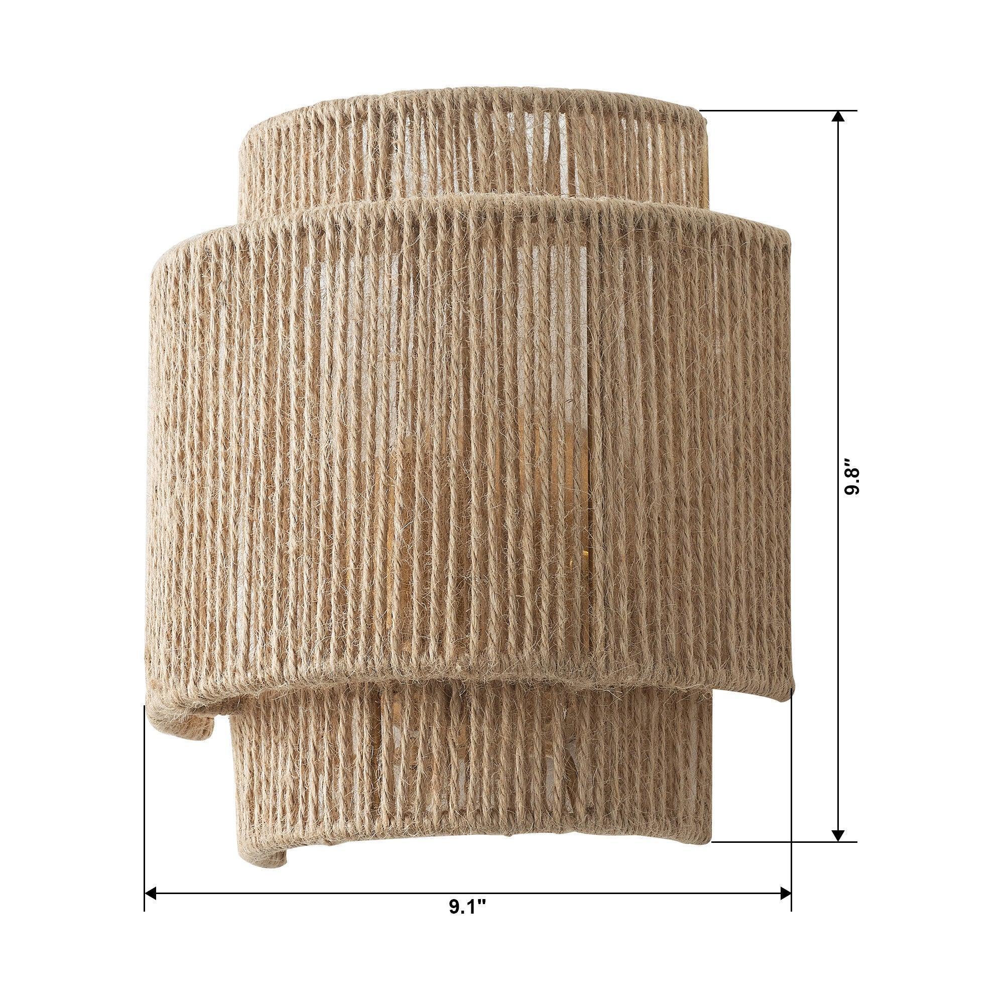 Brown rattan wall sconce, 9.1 in wide x 9.8 in high