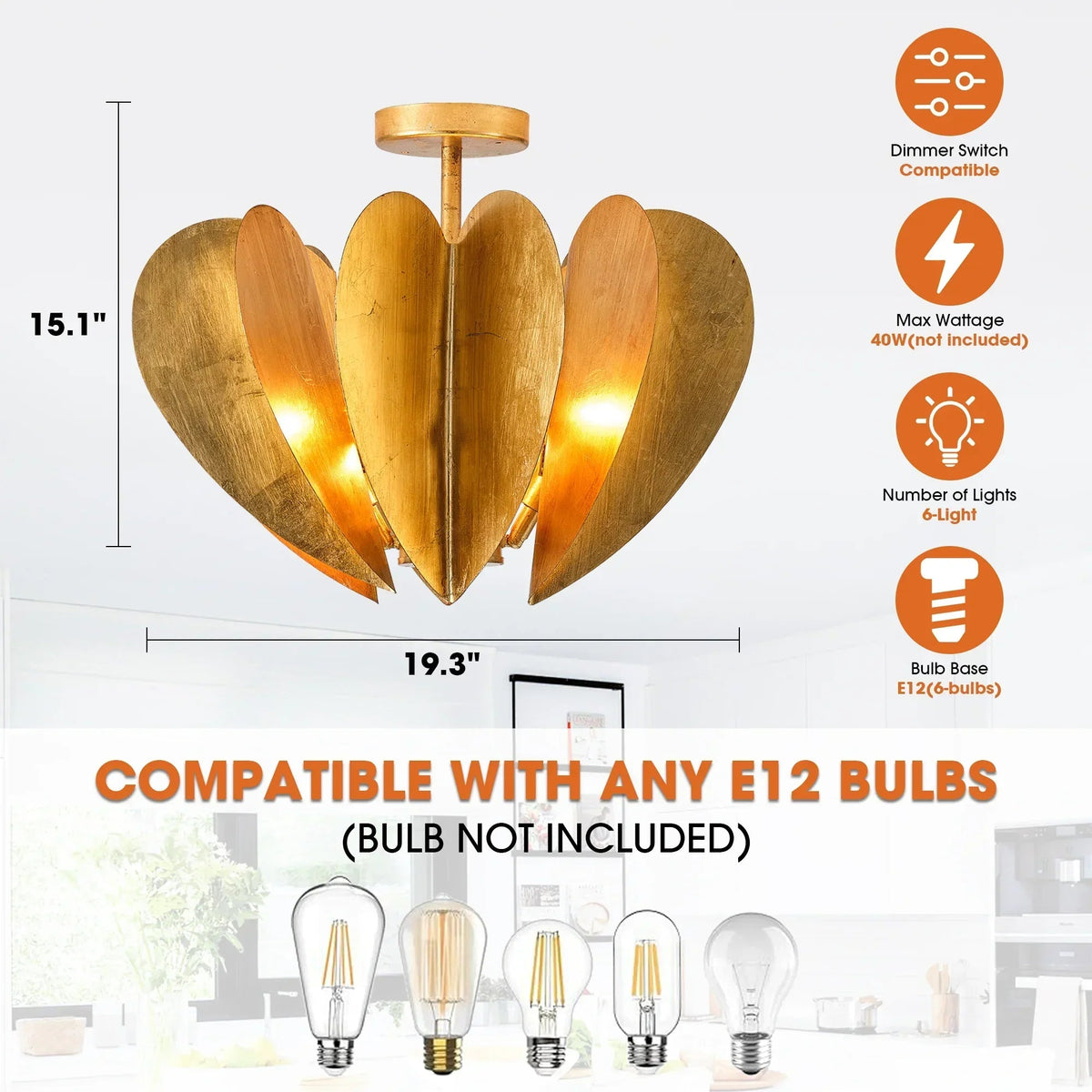 Parrot Uncle 19-Inch Elvira 6-Light Farmhouse Vintage Distressed Golden Semi-Flush Mount Ceiling Light (BBC3001)