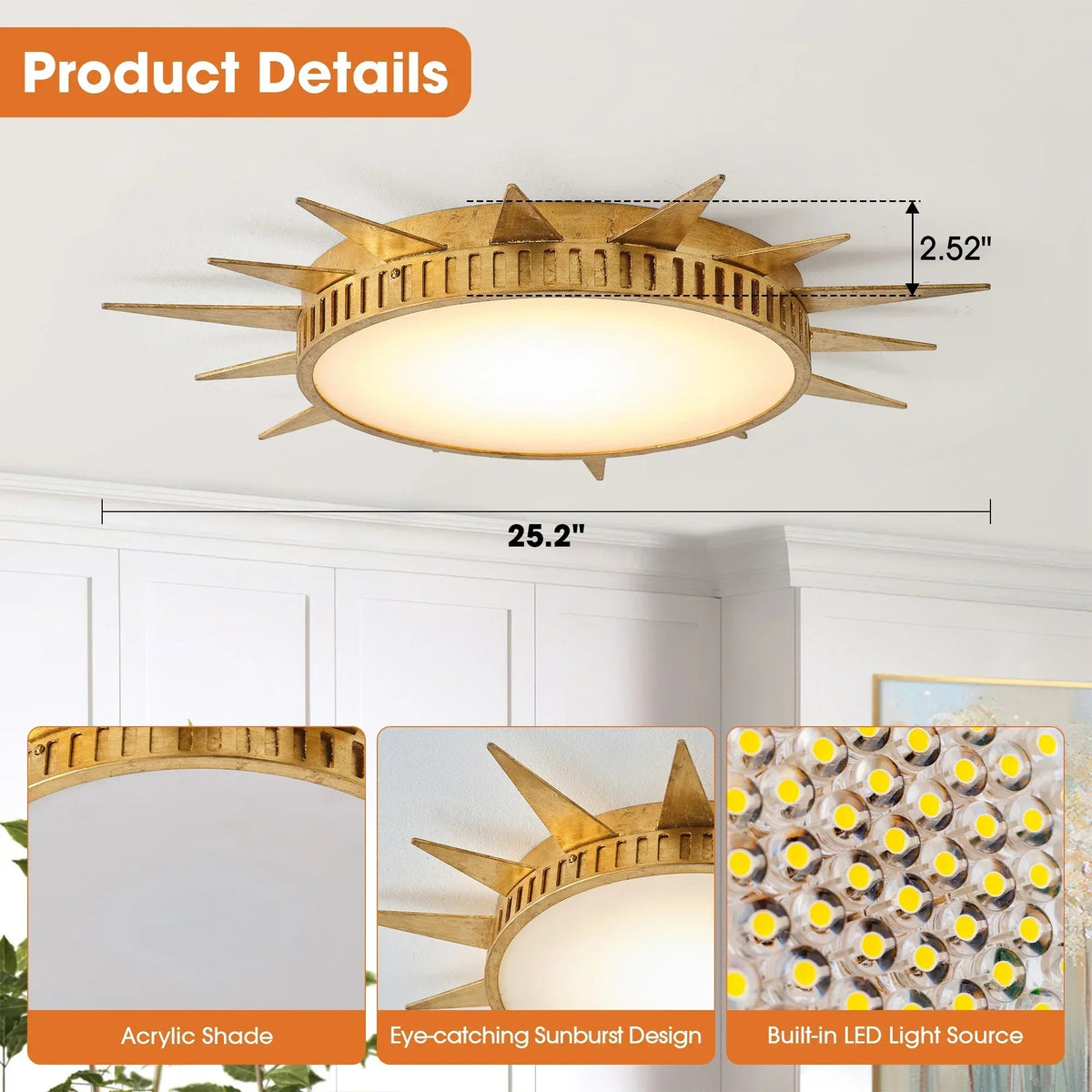 Parrot Uncle 25-Inch Dana Vintage Golden Sunburst Flush Mount LED Light (BBC3002)