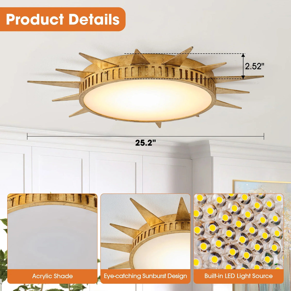 Golden sunburst flush-mount LED ceiling light, 25.2 in acrylic shade