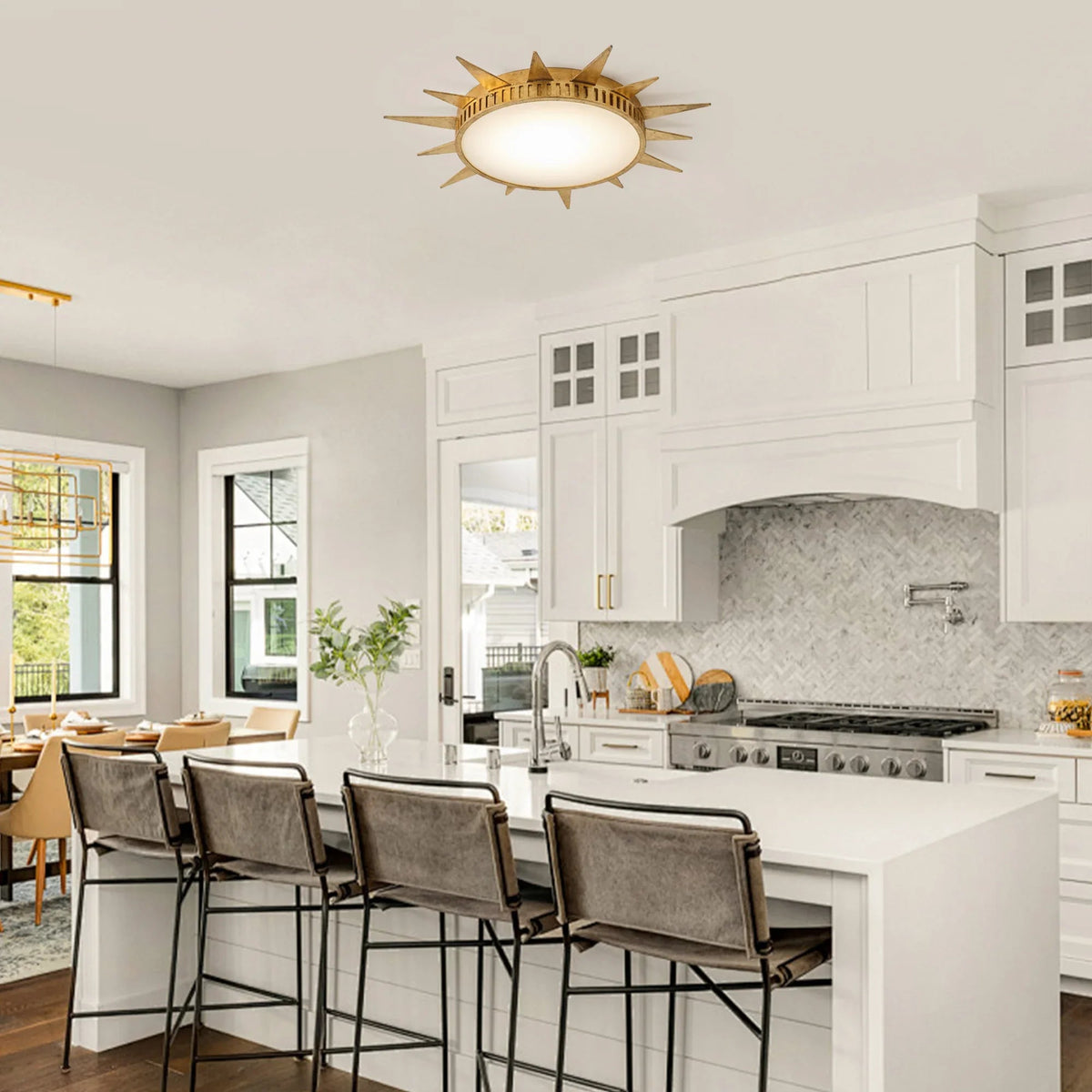 Golden sunburst flush-mount LED ceiling light with round acrylic diffuser and gold rays