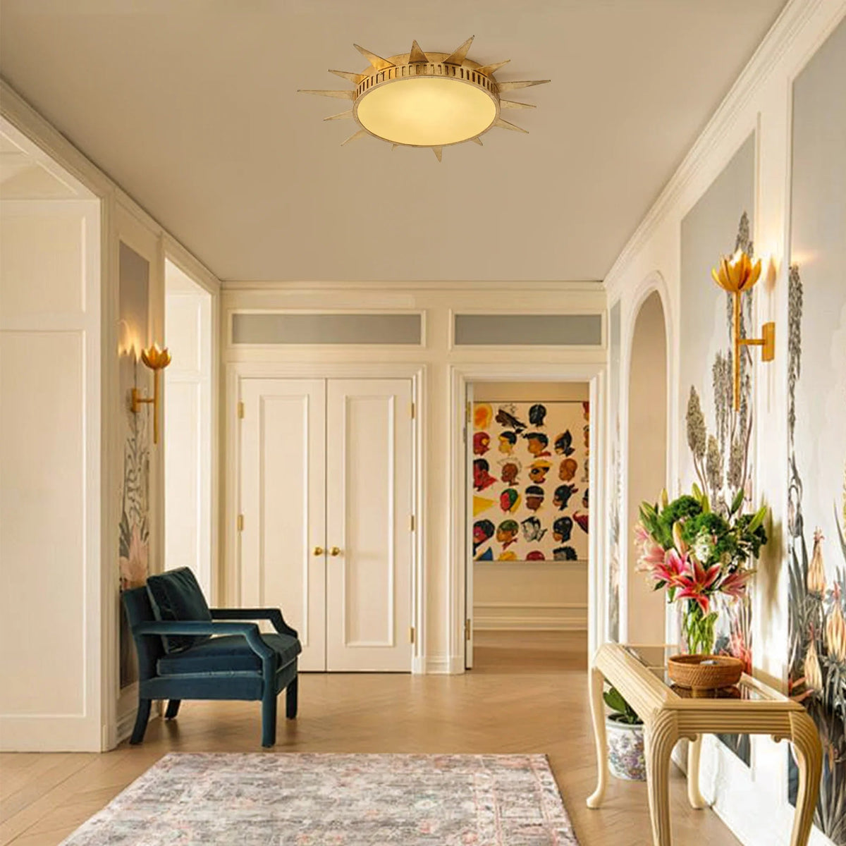Golden sunburst flush-mount LED ceiling light with round acrylic diffuser on ceiling