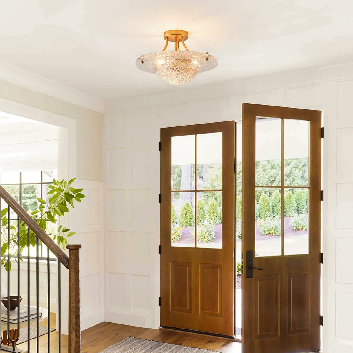 Golden vintage semi-flush mount ceiling light with clear textured glass-style shade