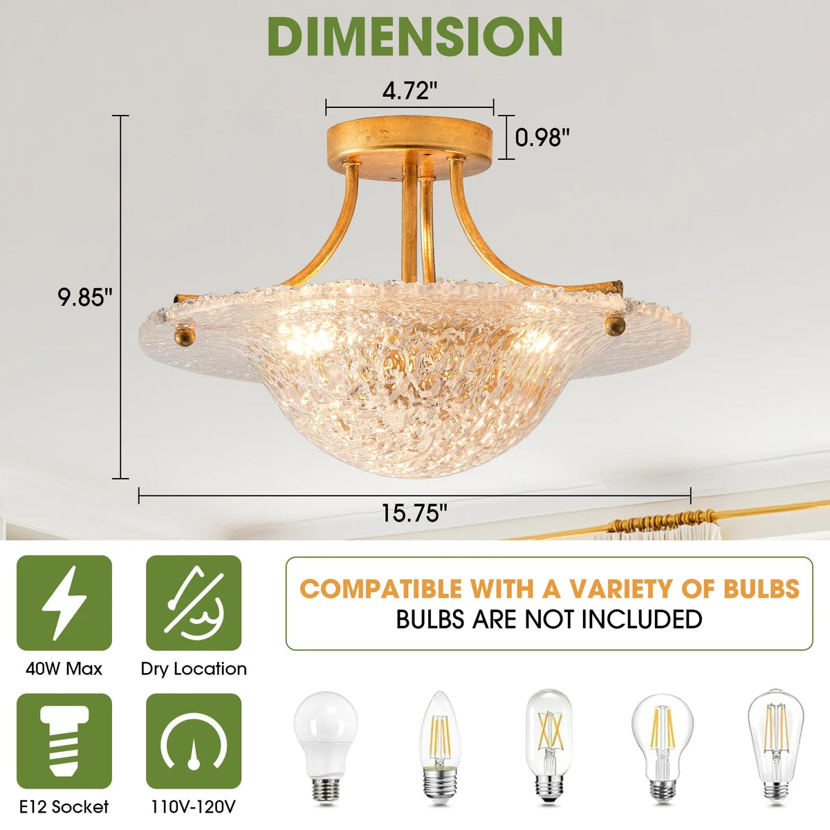 Golden three-light semi-flush mount with clear textured shade and curved metal arms