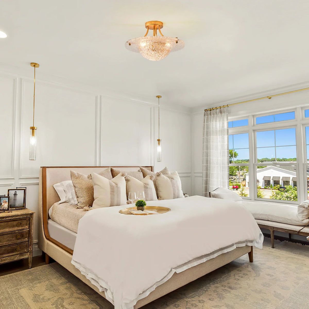 Golden vintage ceiling light with clear textured resin shade on a semi-flush mount