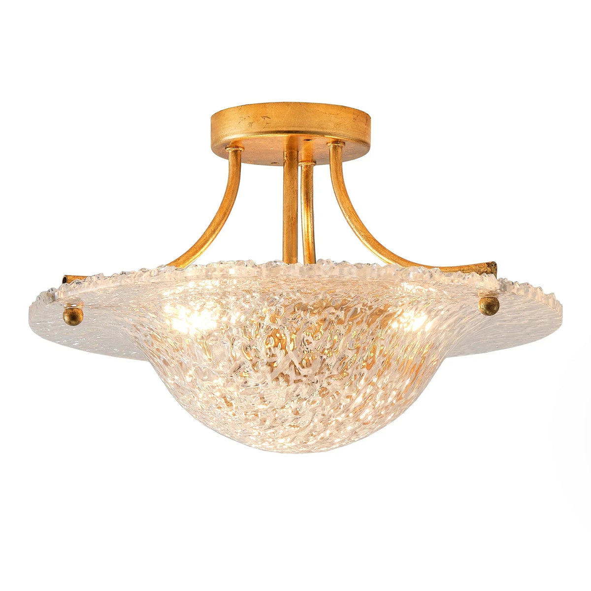 Golden semi-flush mount ceiling light with clear resin shade and three curved arms
