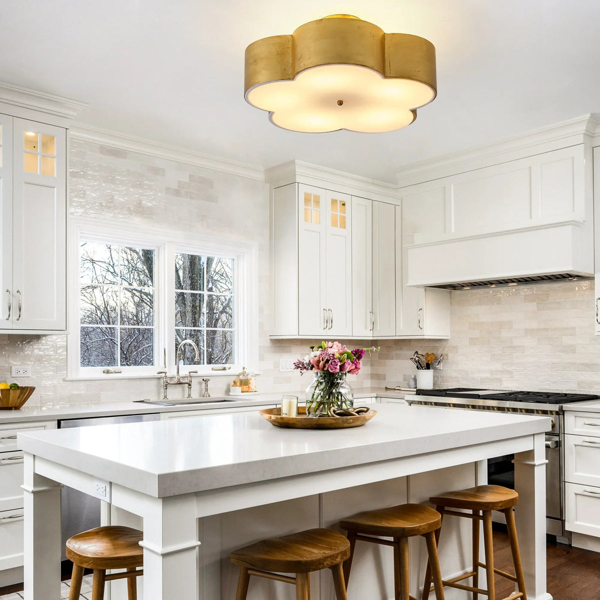 Golden semi-flush ceiling light with frosted scalloped diffuser panels, 5-light