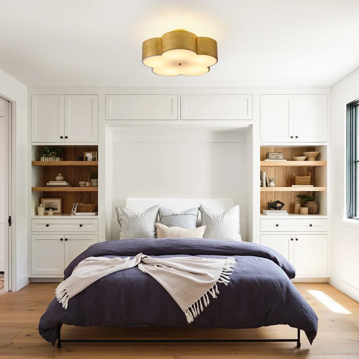 Golden semi-flush mount ceiling light with frosted white acrylic diffuser
