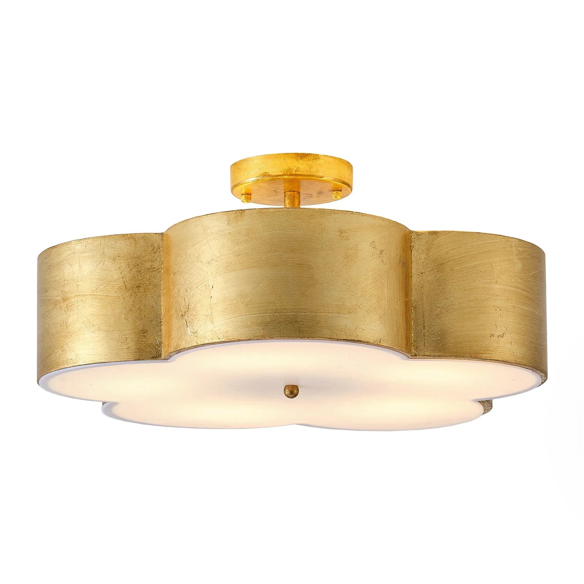 Golden semi-flush mount ceiling light with scalloped shade and frosted white diffuser