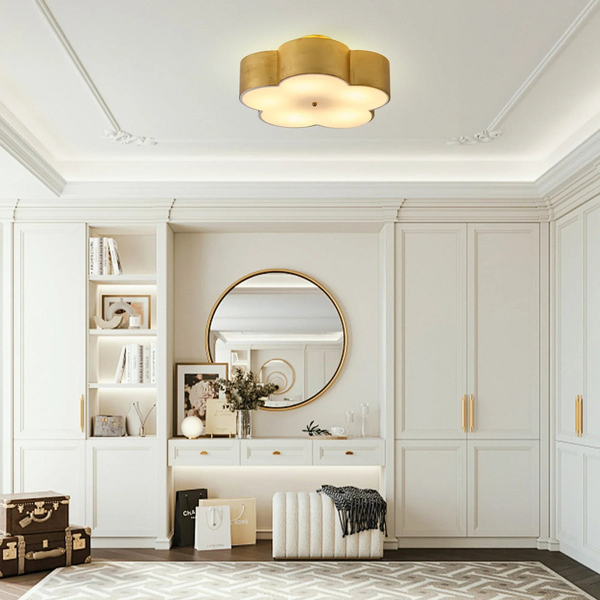 Golden semi-flush mount ceiling light centered on ceiling with frosted white diffuser