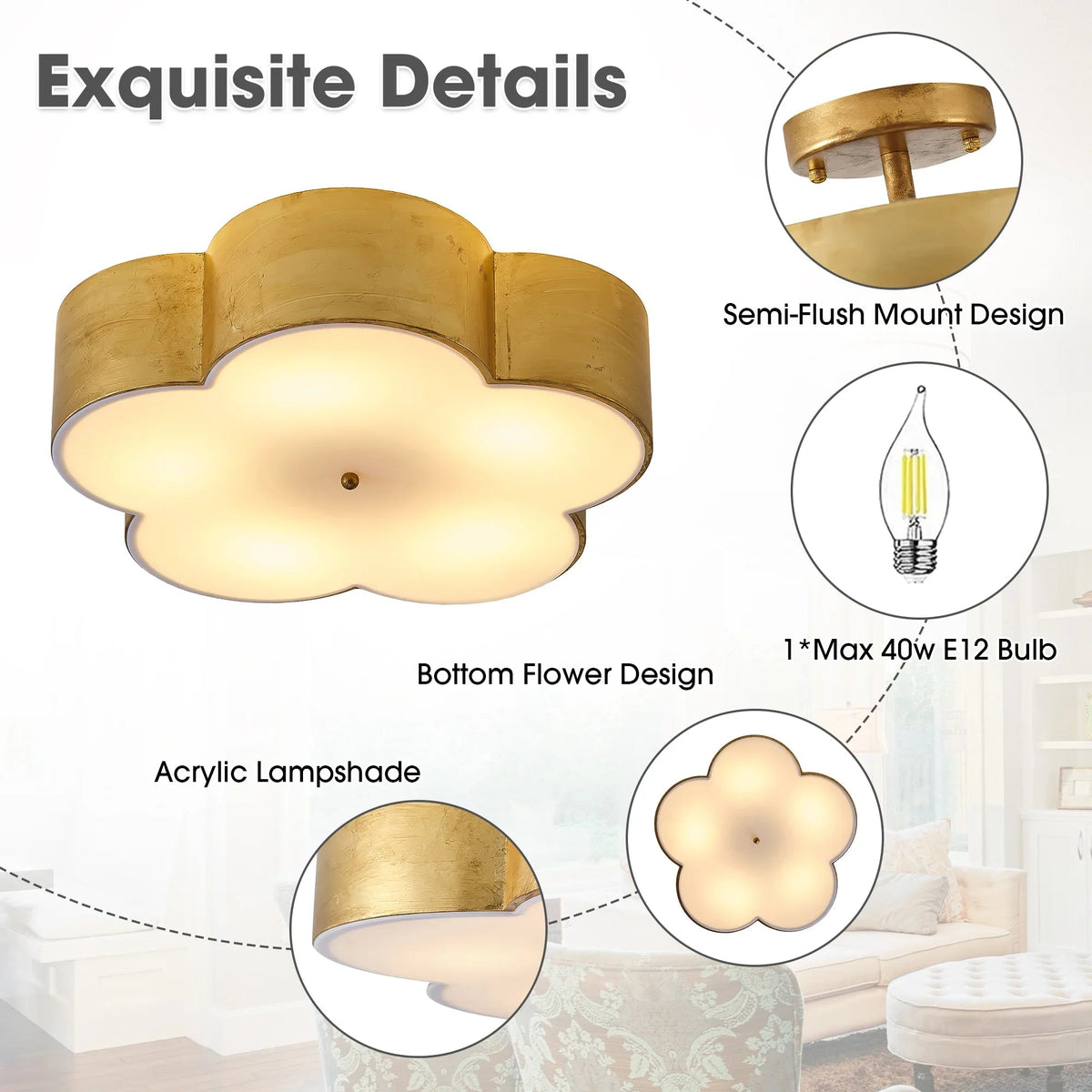 Golden scalloped shade with frosted white acrylic cloud diffuser, semi-flush mount light