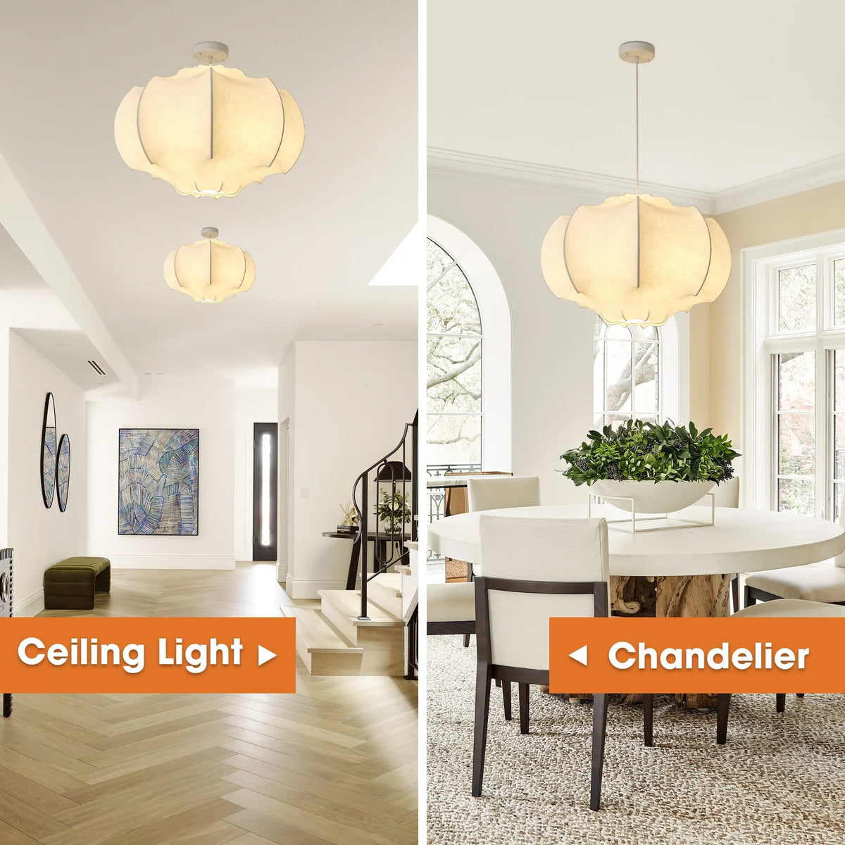 Ceiling pendant light with light white fabric shade and vertical hanging stem