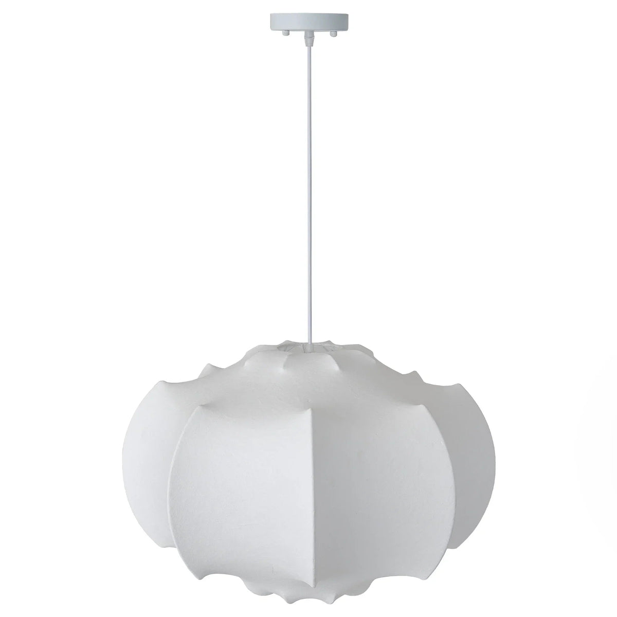 Three-light pendant light with scalloped white fabric shade and slim rod