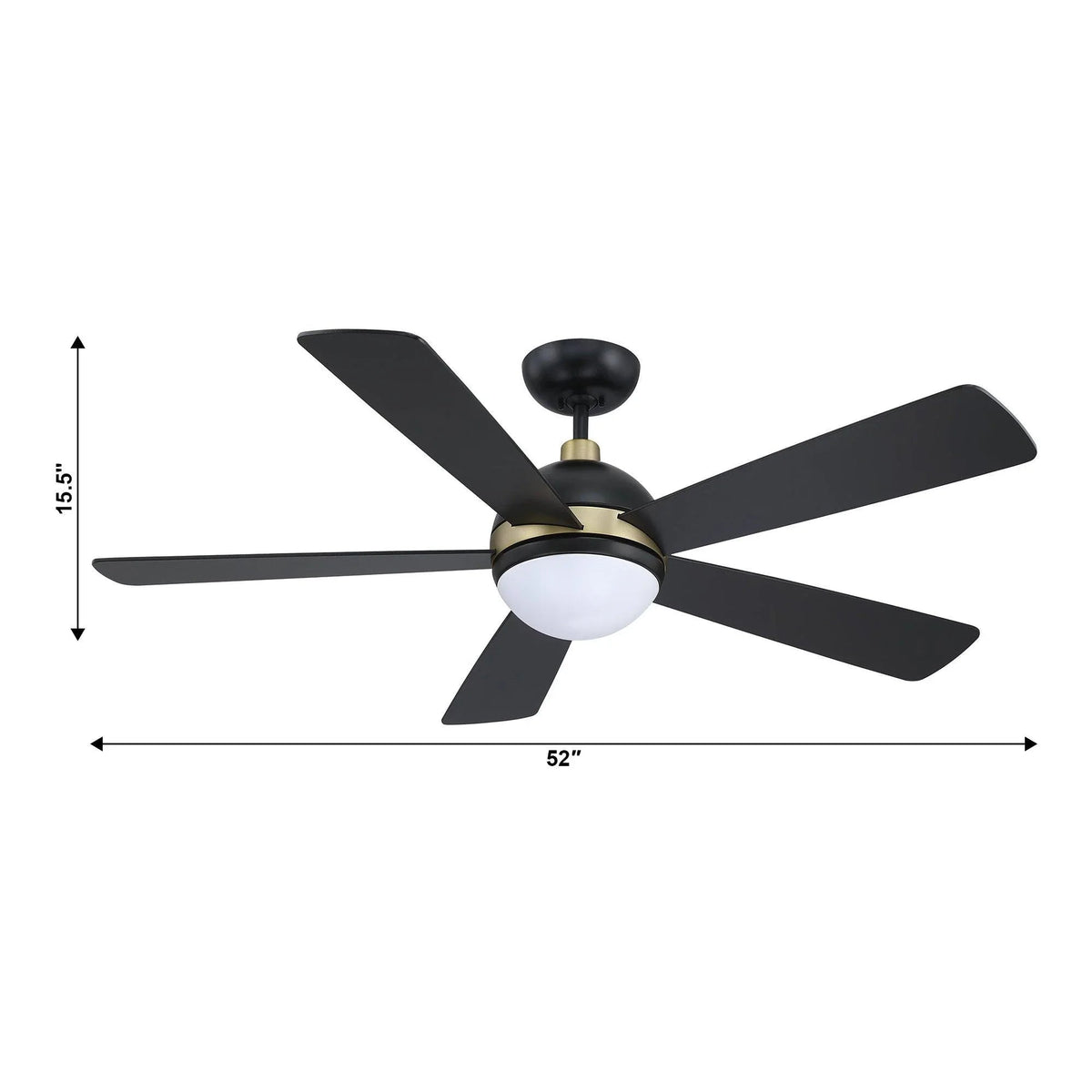 5-blade black ceiling fan with LED light globe, shown with 52-inch size