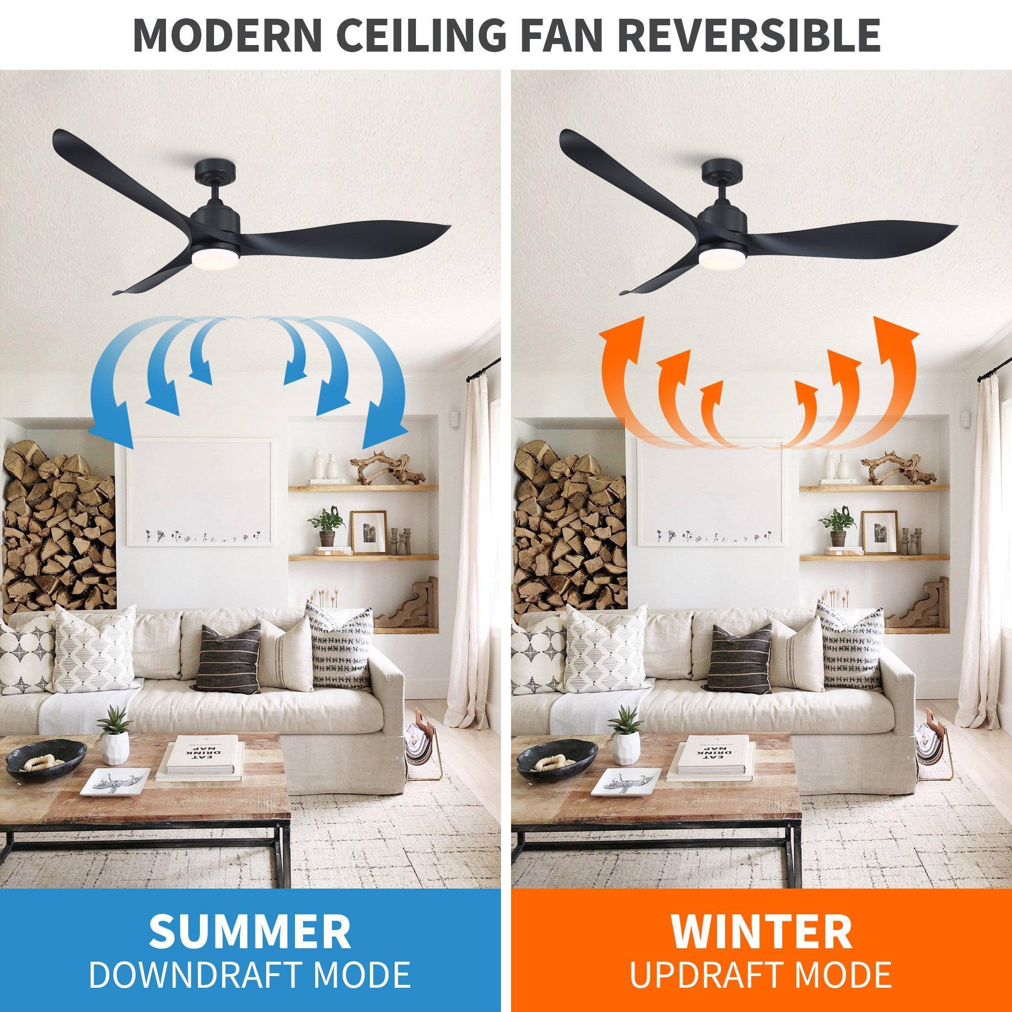 Reversible black ceiling fan with 3 blades and LED light, summer and winter airflow modes shown.