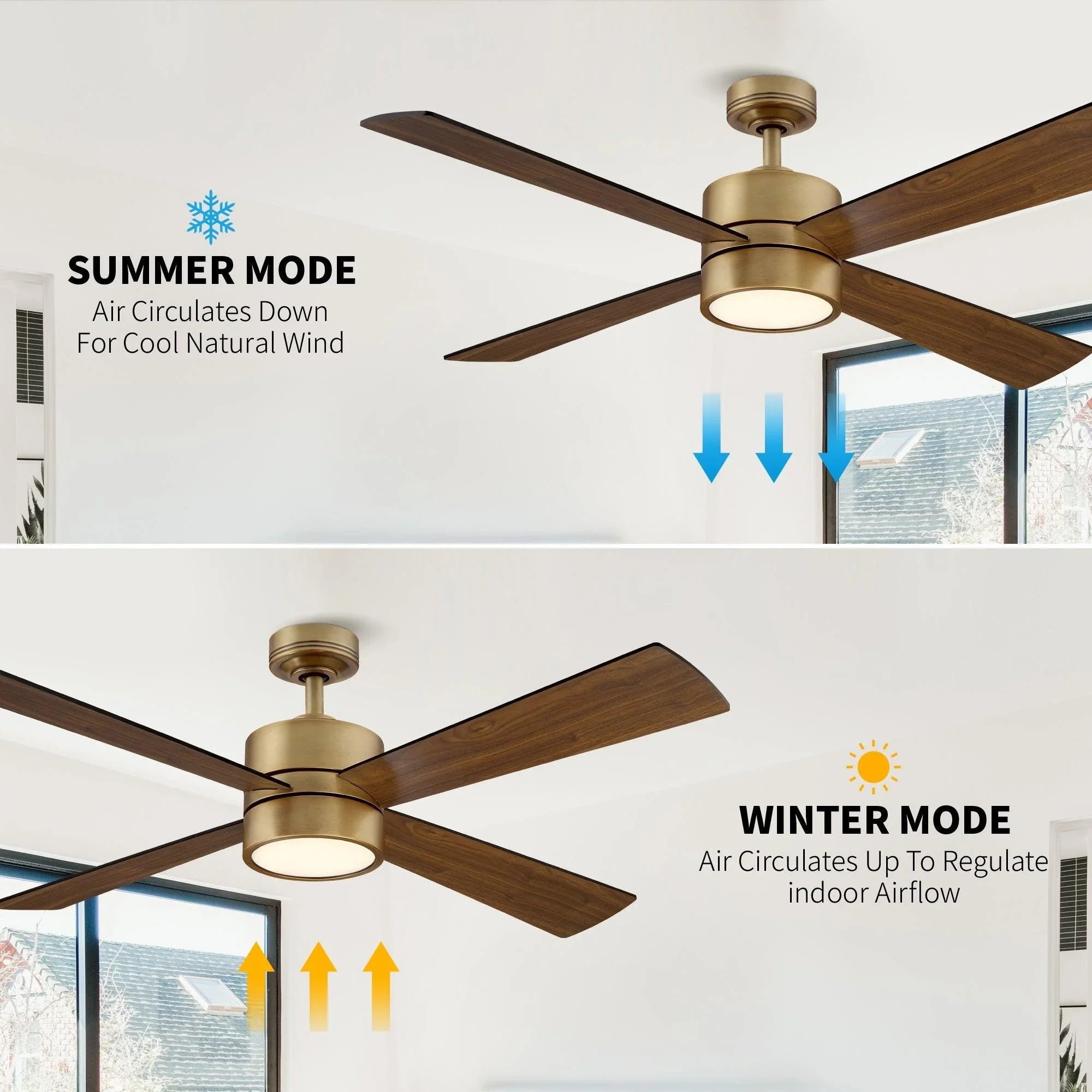 Ceiling fan with walnut blades and LED light for summer and winter airflow modes
