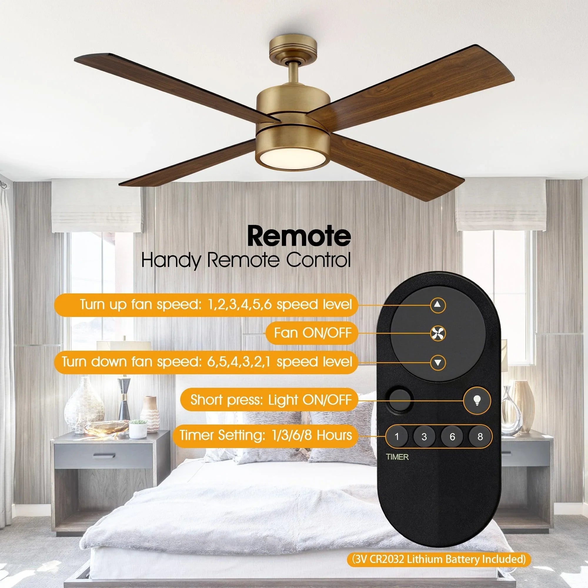 Ceiling fan with walnut blades, LED light, and handheld remote control