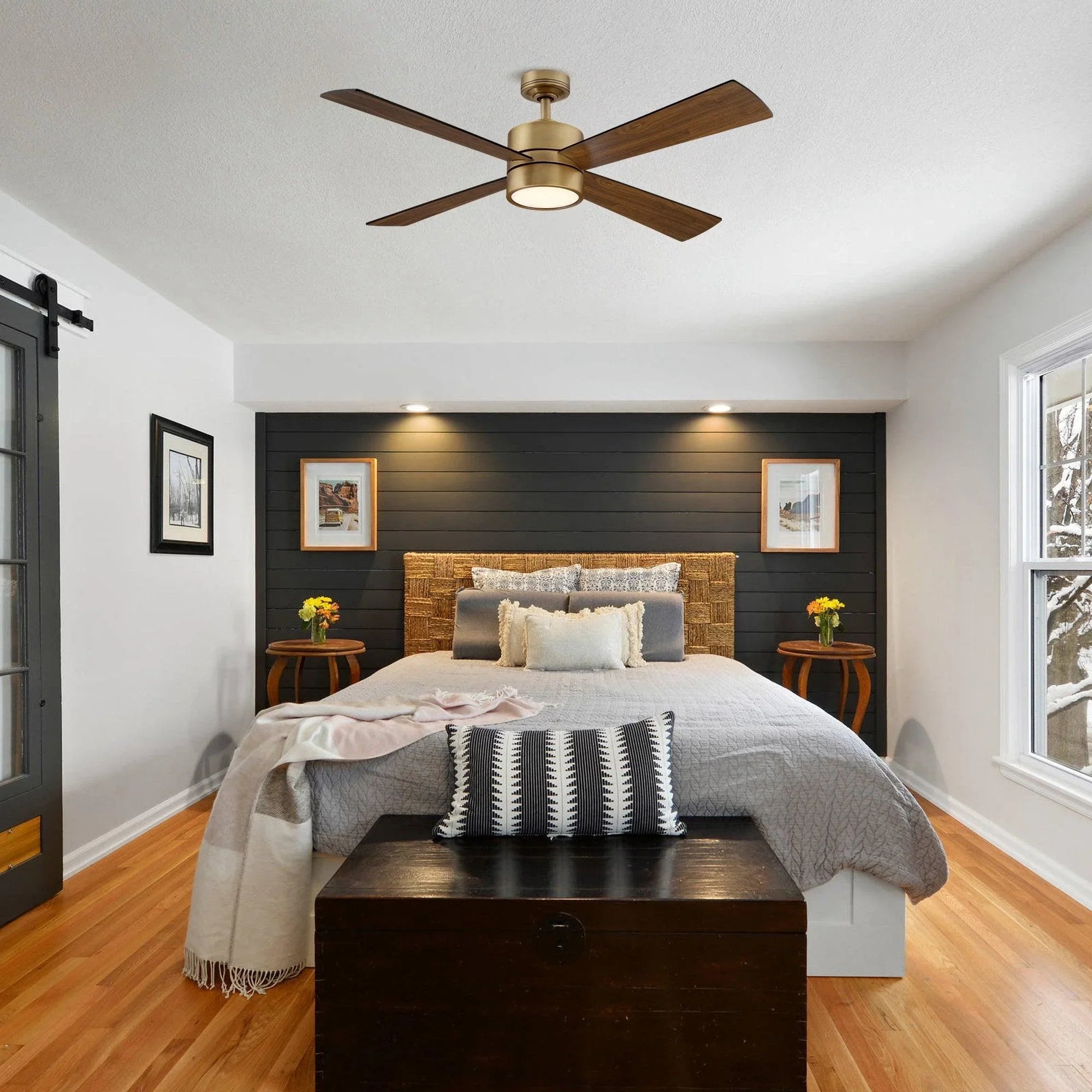 Bronze ceiling fan with walnut blades and integrated LED light