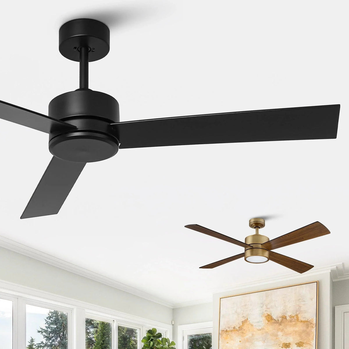 Black modern downrod ceiling fan with three blades and motor mount overhead
