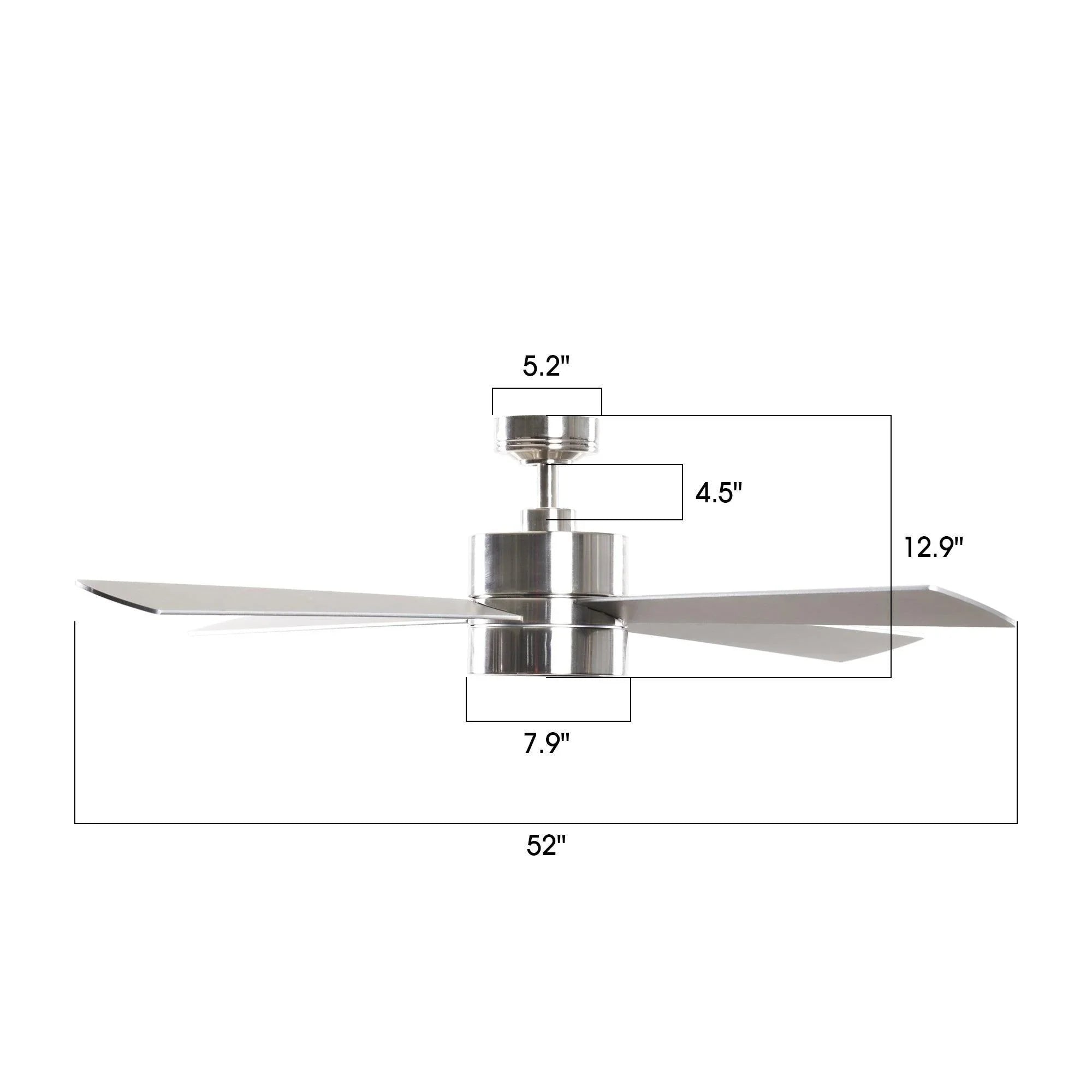 52-inch industrial ceiling fan with integrated light and four blades, size diagram