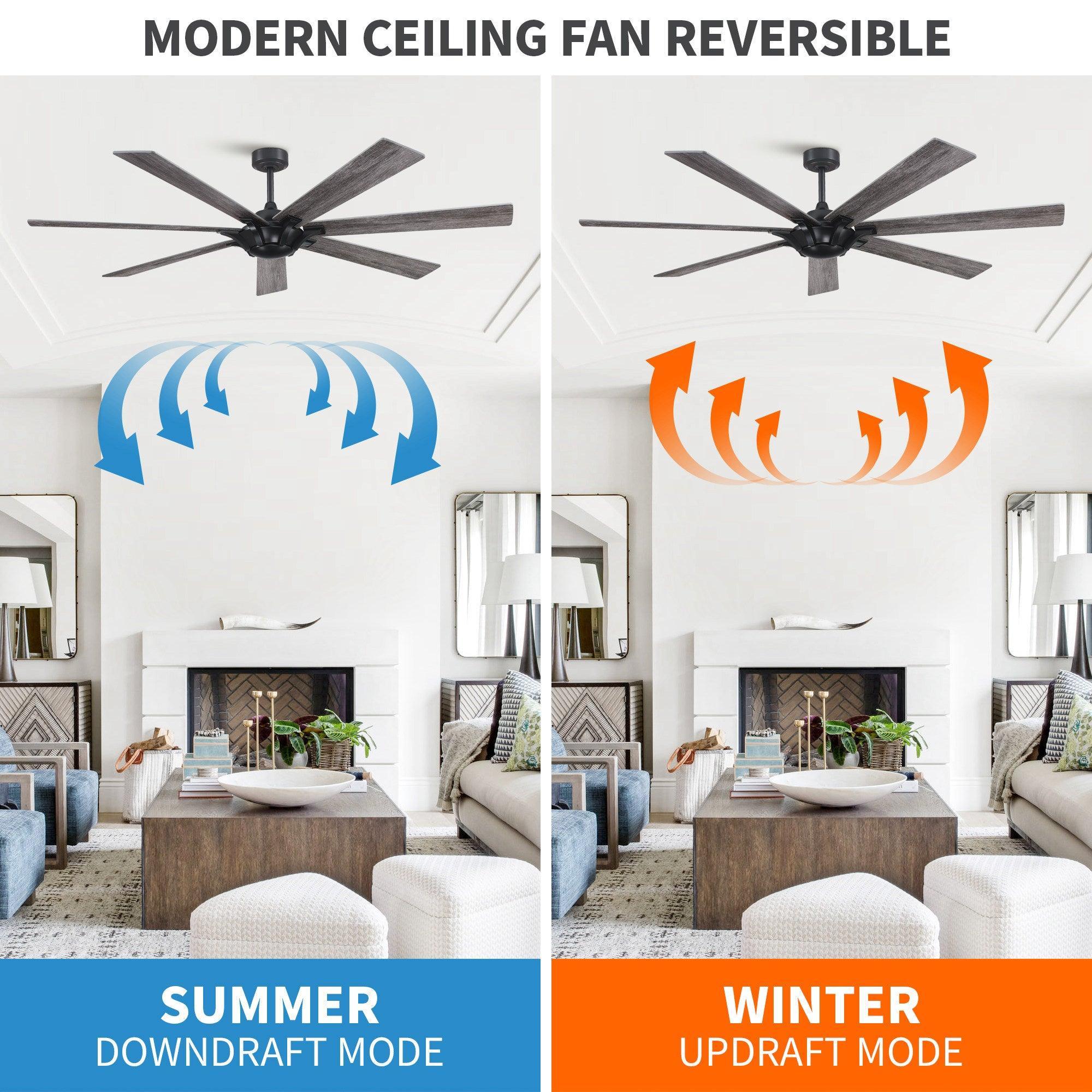 Reversible ceiling fan with five blades showing summer down-draft and winter up-draft