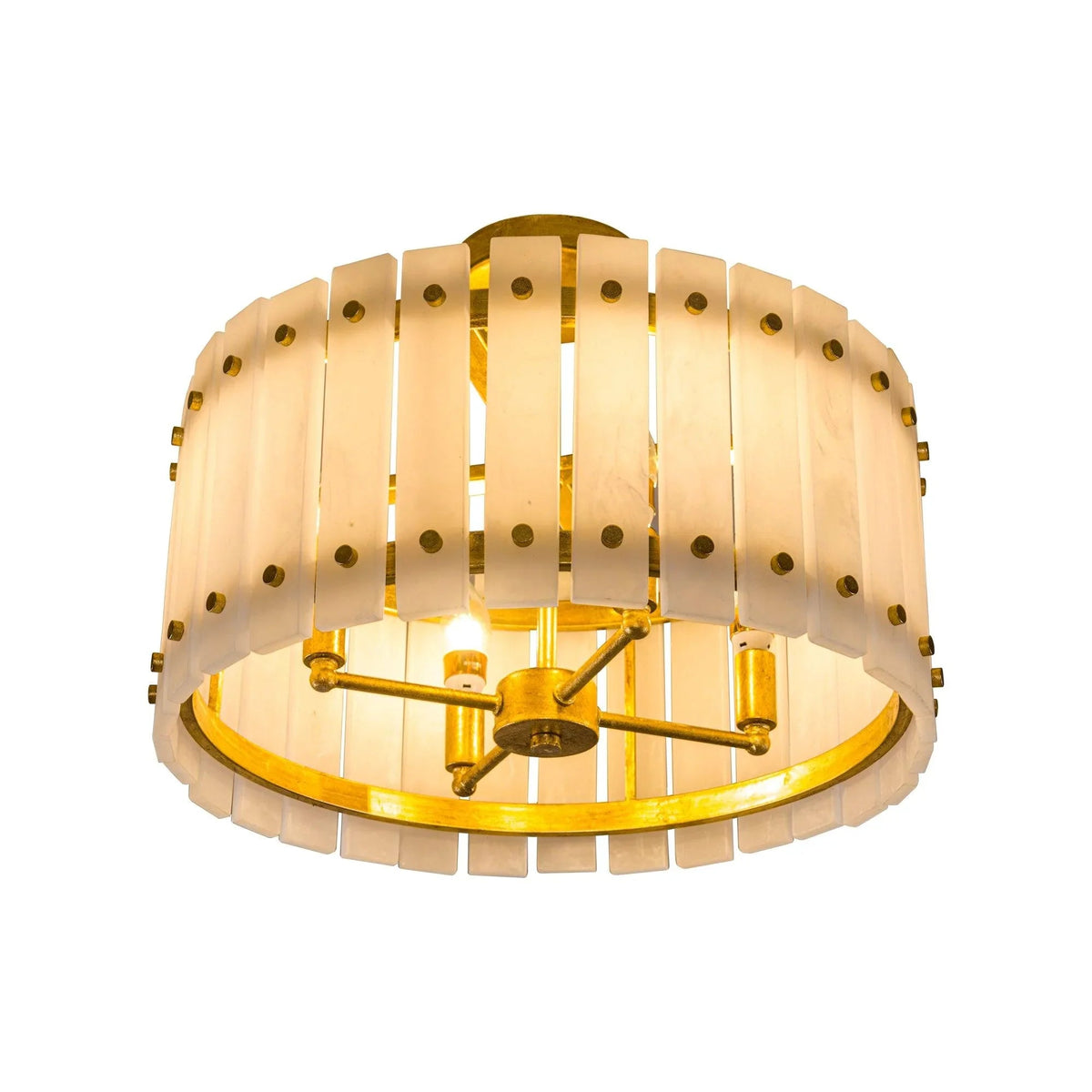 White drum semi flush ceiling light with golden cage frame and 4 bulbs