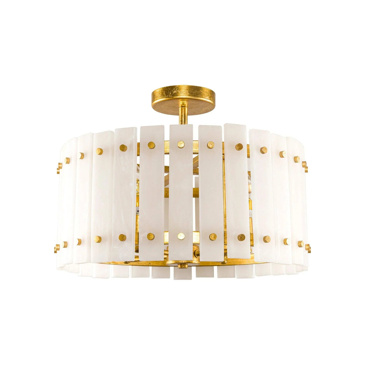 White drum semi flush ceiling light with golden mount and four bulb housings