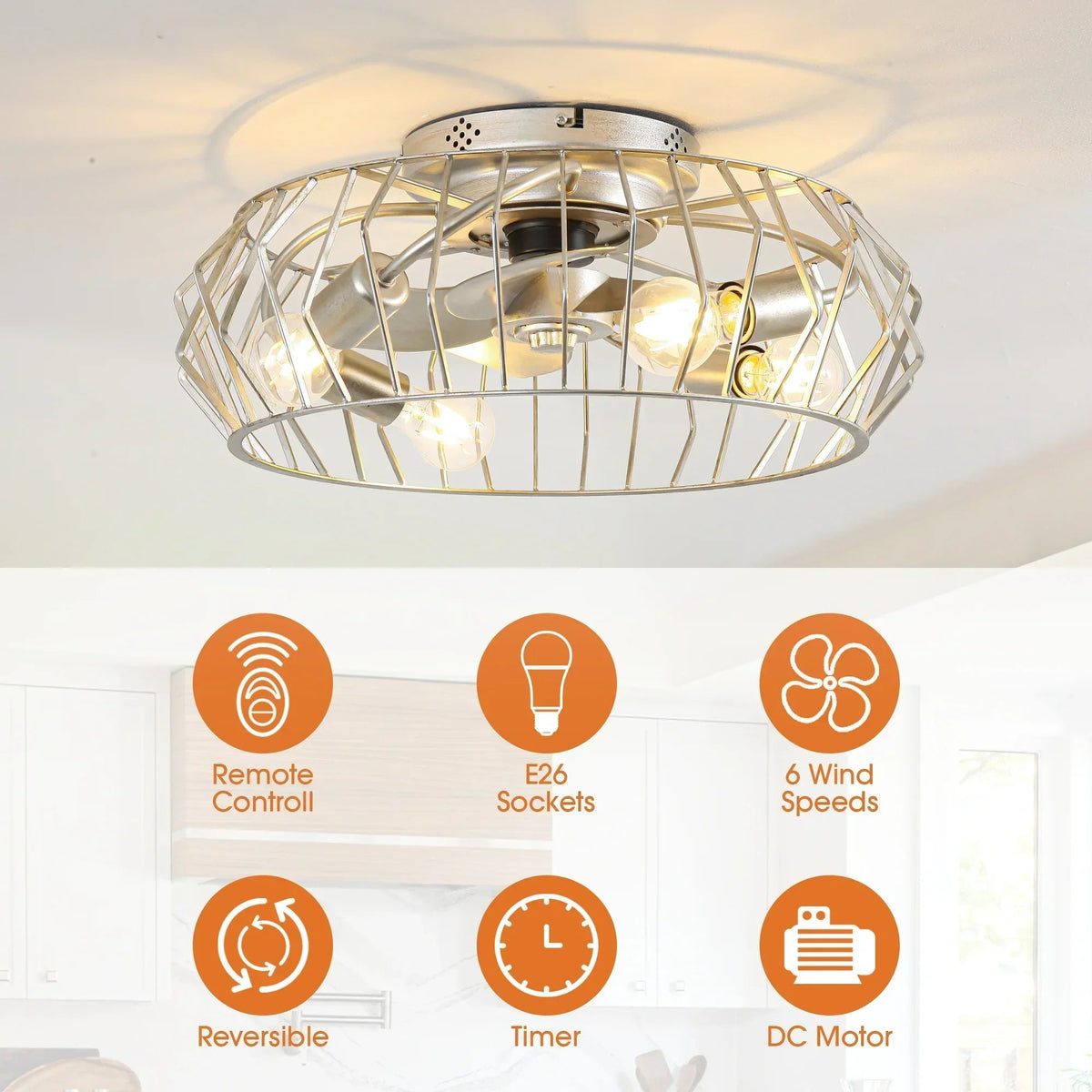 Parrot Uncle 20-Inch Silver Flush Mount Ceiling Fan with Light APP and Remote Control (BBF3001)