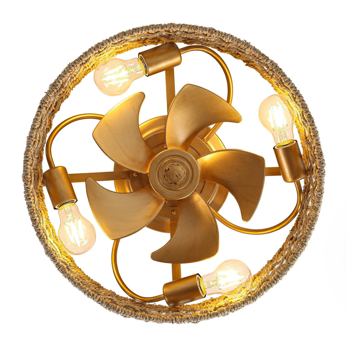 Golden ceiling fan with rattan ring and five-blade light fixture with exposed bulbs.