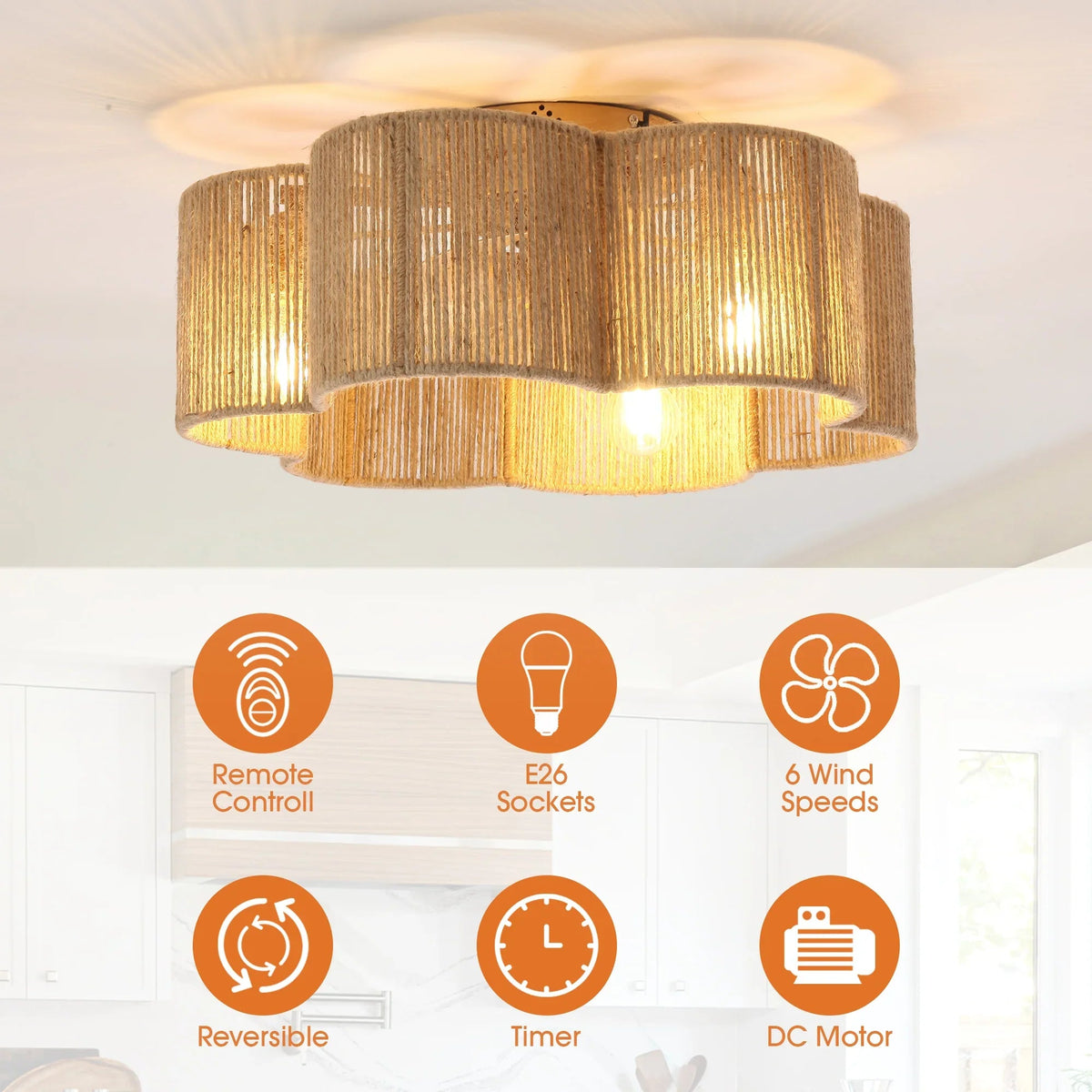 Golden rattan flush-mount ceiling fan light with feature icons for 6 speeds