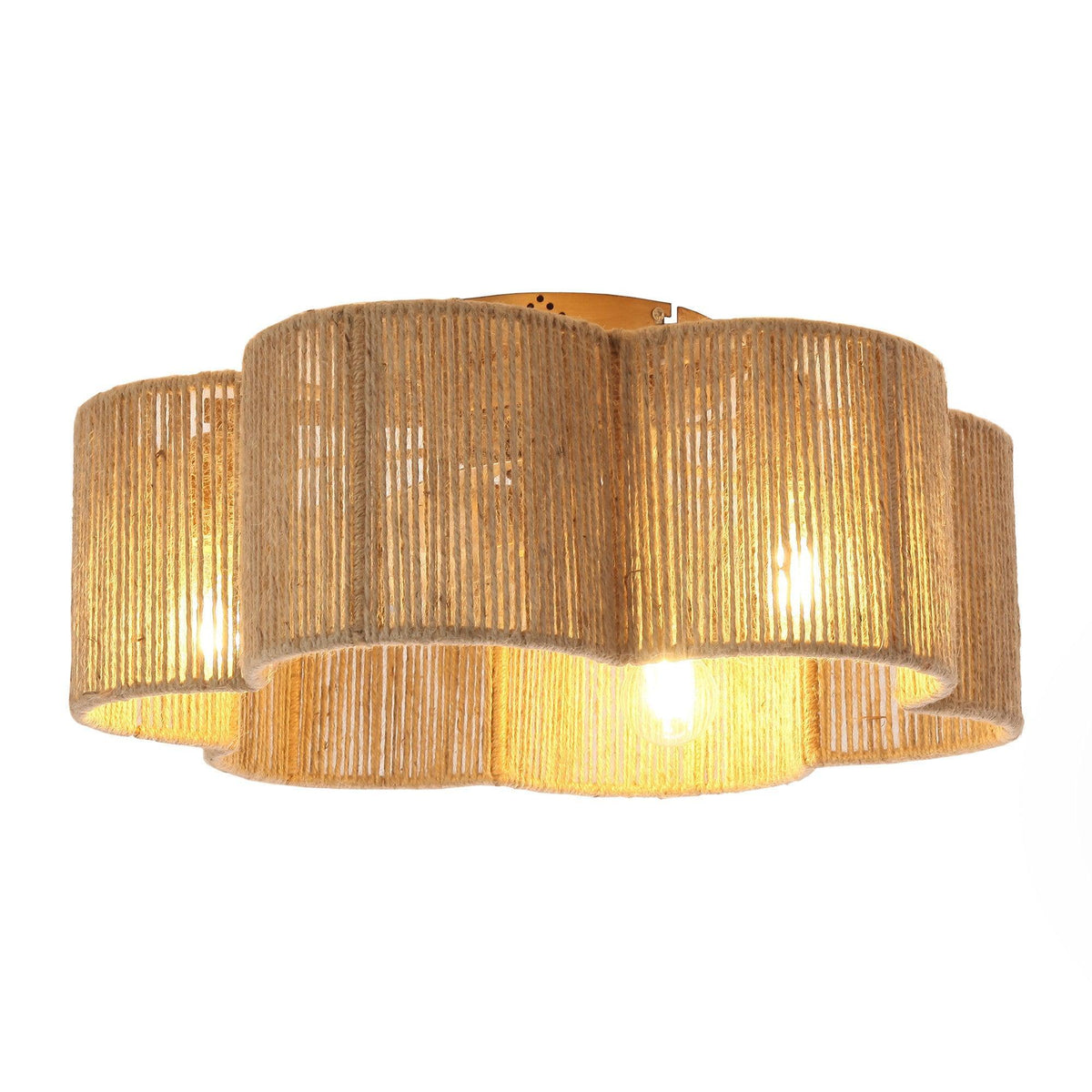 Golden rattan flush mount ceiling fan with a braided drum shade