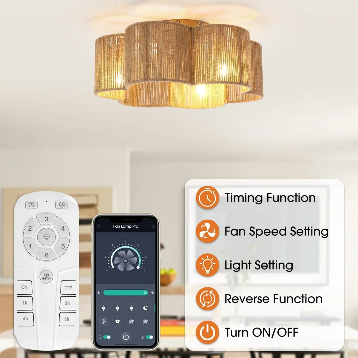 Parrot Uncle 21-Inch Golden Flower-shape Farmhouse Rattan Flush Mount Ceiling Fan with Light APP and Remote Control (BBF3003)