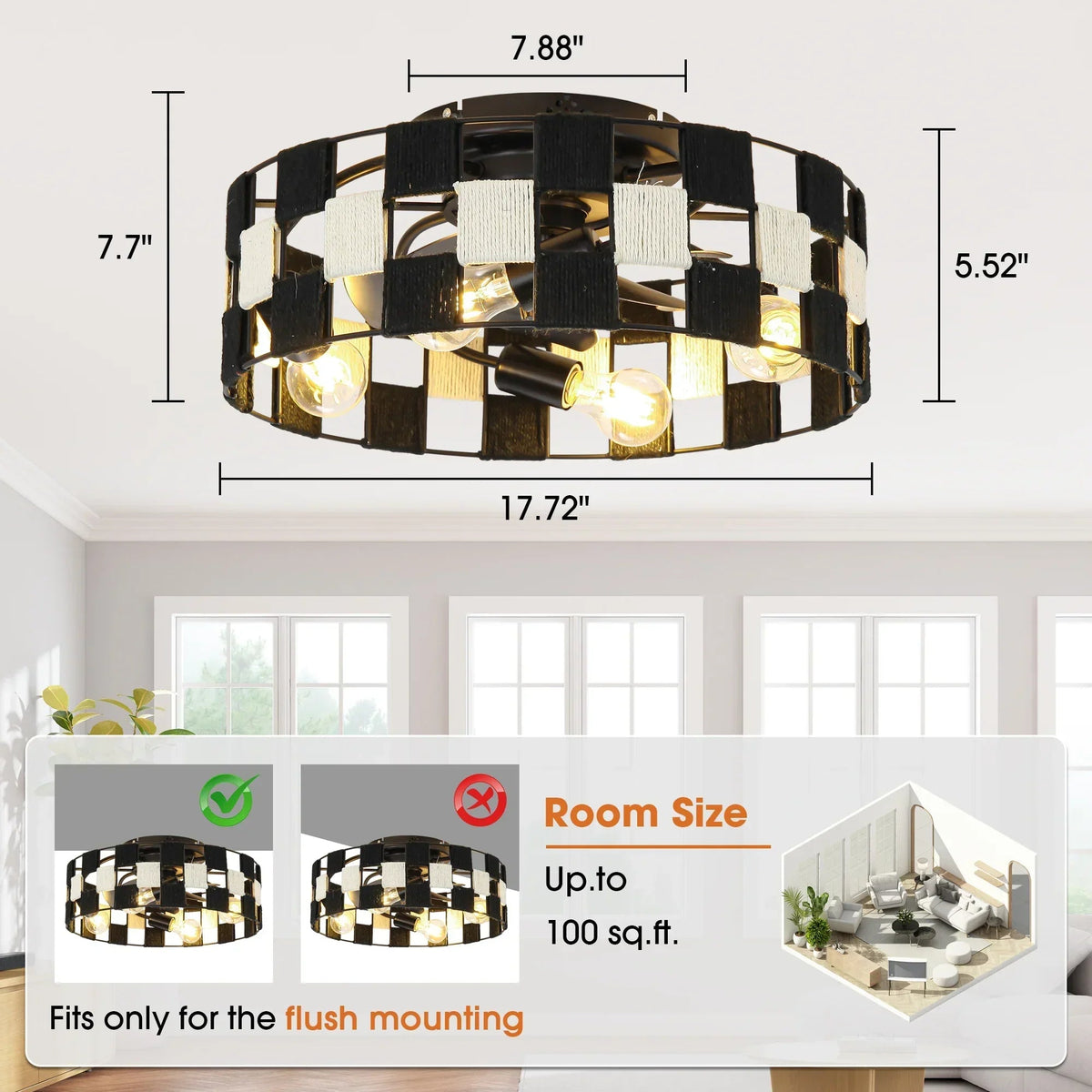 Parrot Uncle 18-Inch Black Industrial Flush Mount Ceiling Fan with Light APP and Remote Control (BBF3004)