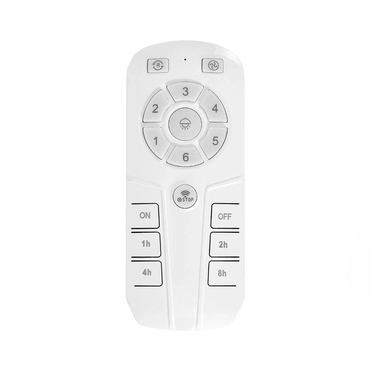 White handheld ceiling fan remote control with numbered speed buttons and switch