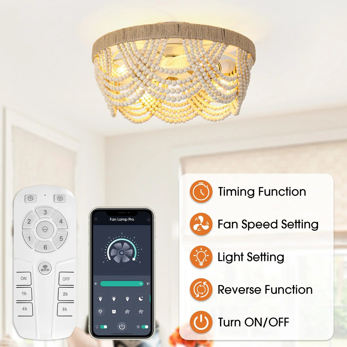 White beaded flush-mount ceiling fan with remote control and light settings