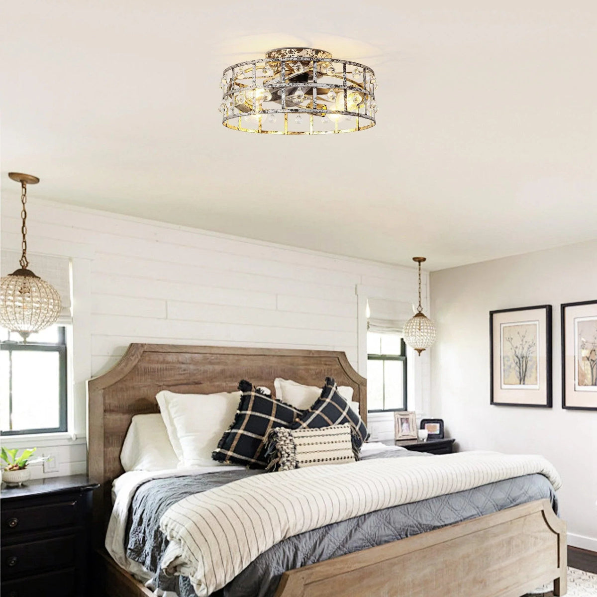 Silver retro crystal flush-mount ceiling fan with glass globe bulbs