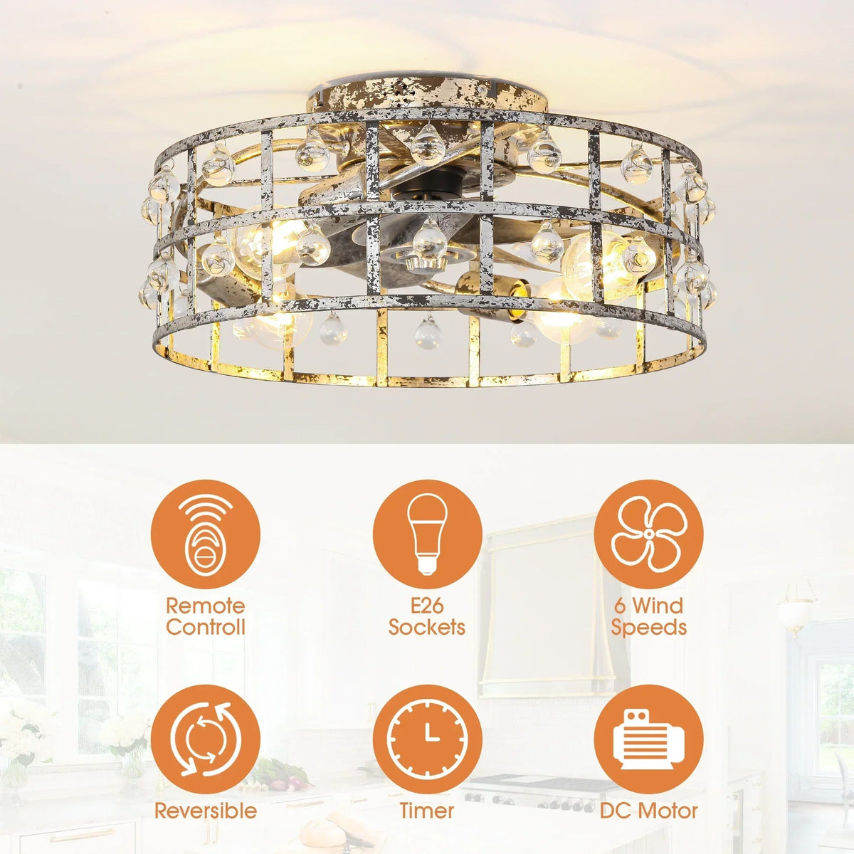 Parrot Uncle 18-Inch Retro Silver Crystal Flush Mount Ceiling Fan with APP Remote Control and Lighting (BBF3007)