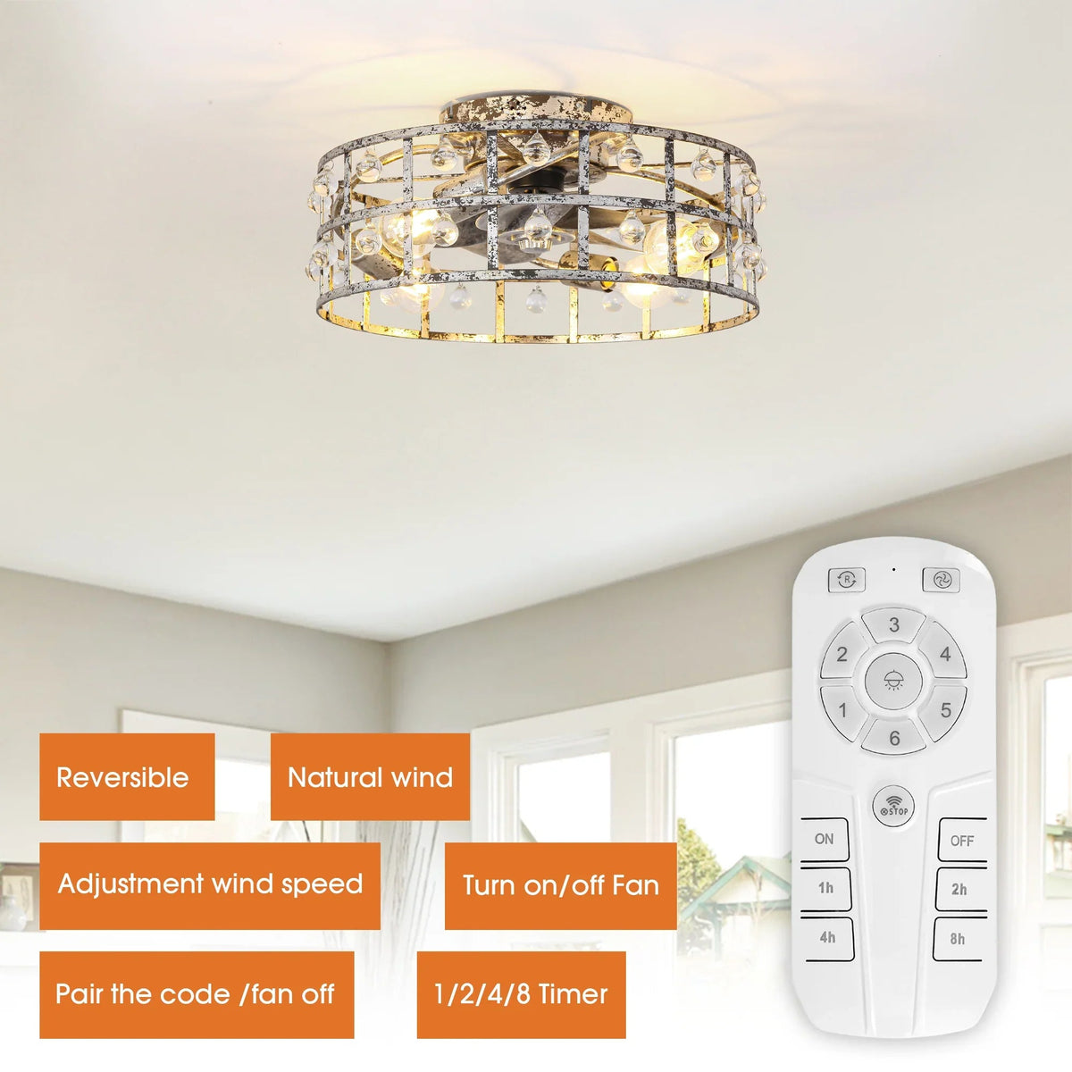 Silver flush-mount ceiling fan with crystal glass shades and remote control