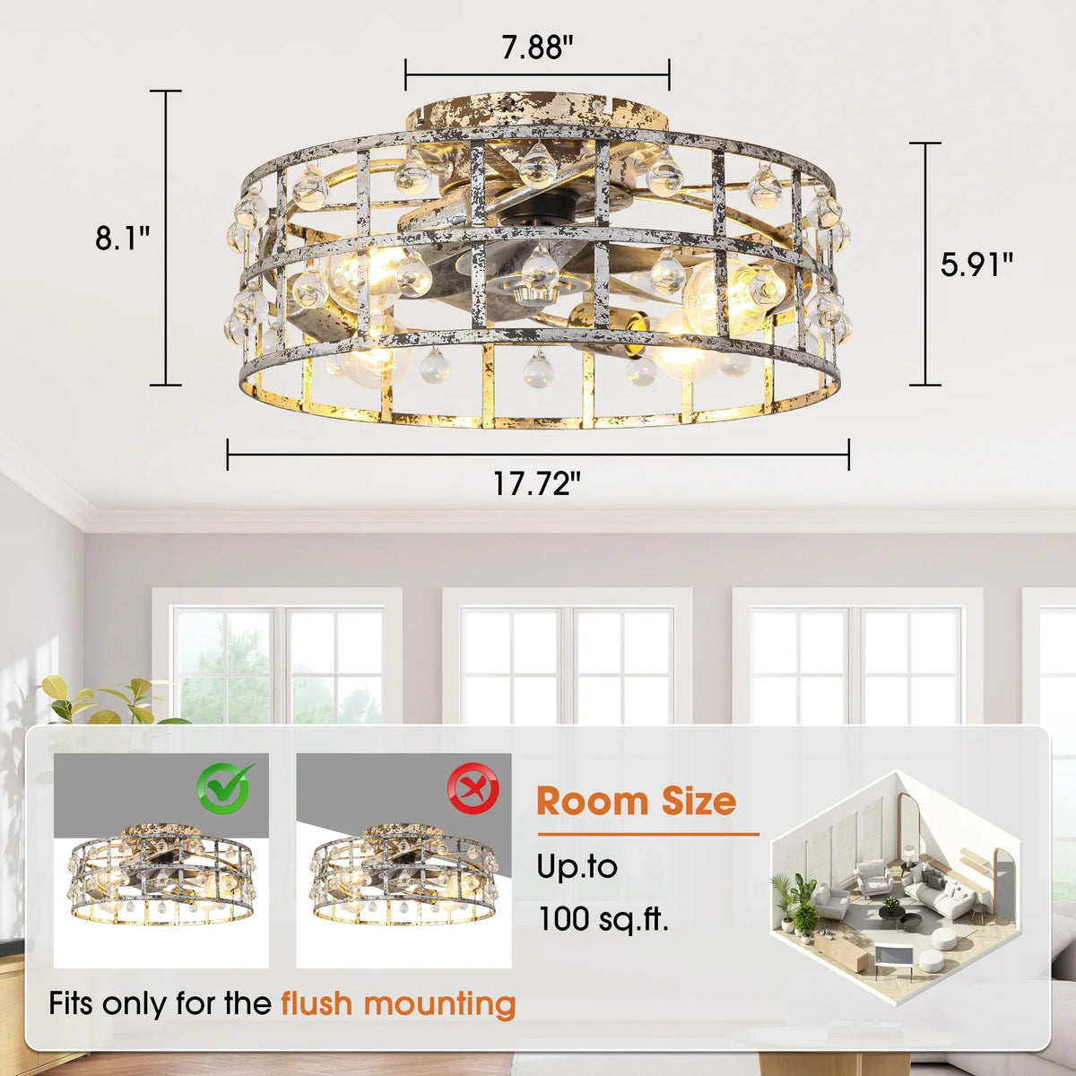 Silver retro crystal flush mount ceiling fan with ring frame and warm glass bulbs