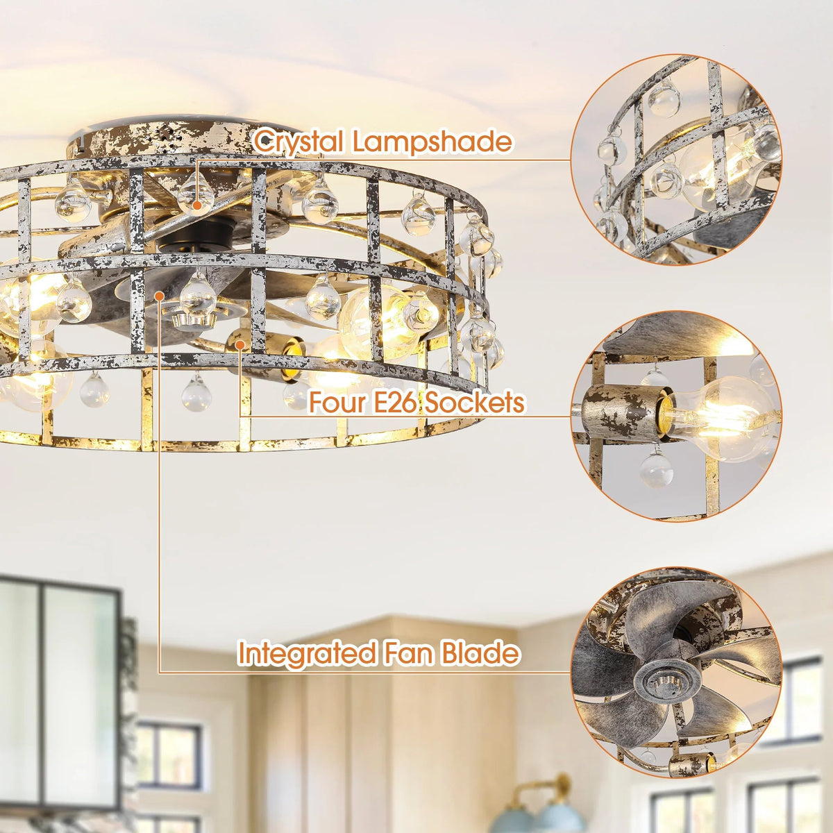 Parrot Uncle 18-Inch Retro Silver Crystal Flush Mount Ceiling Fan with APP Remote Control and Lighting (BBF3007)
