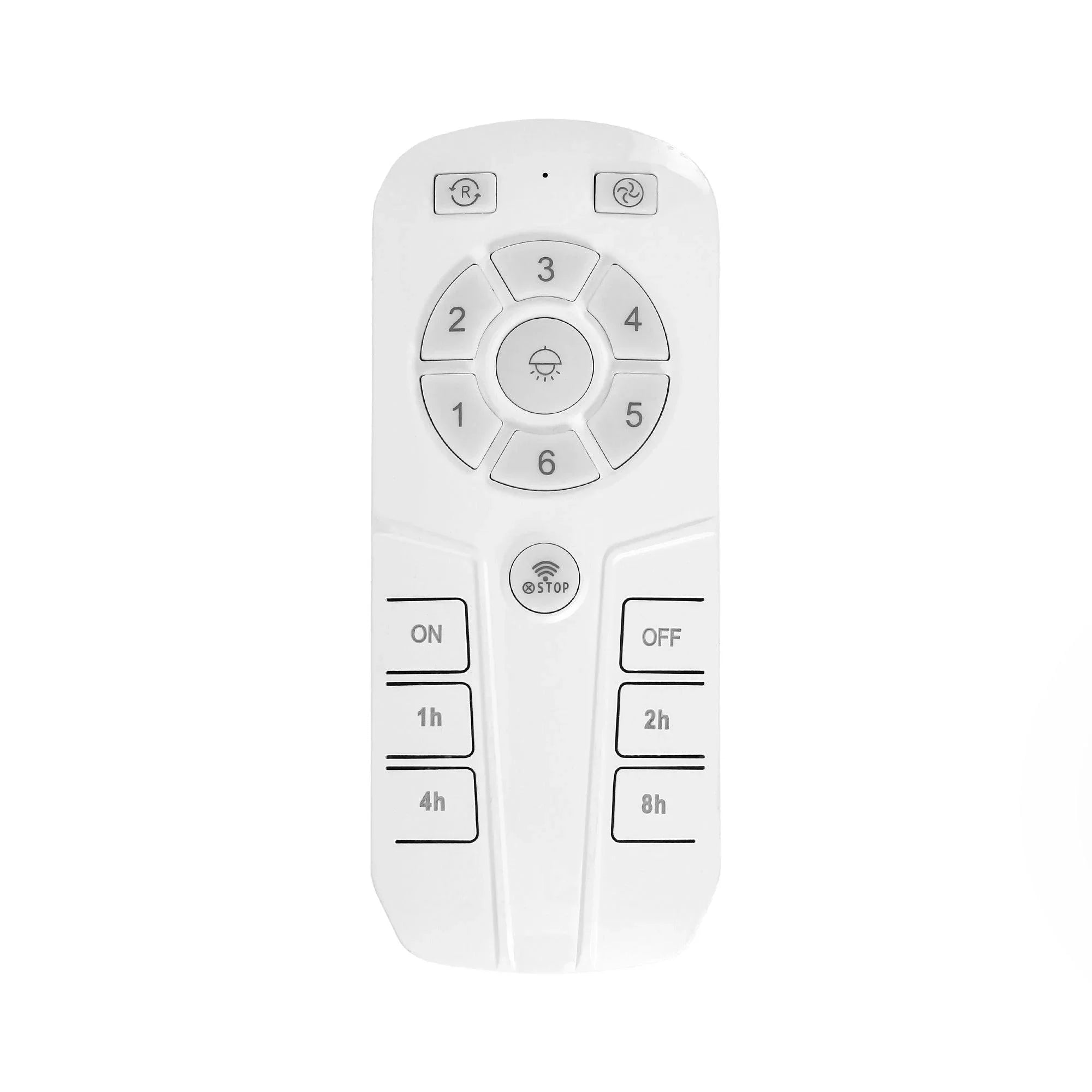 White ceiling fan remote control with speed buttons and timer settings