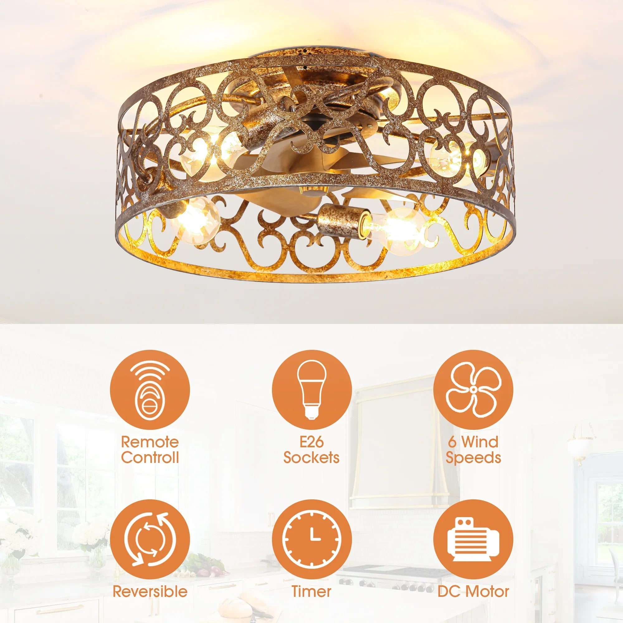 Golden distressed ceiling fan light with remote-control and E26 socket feature icons