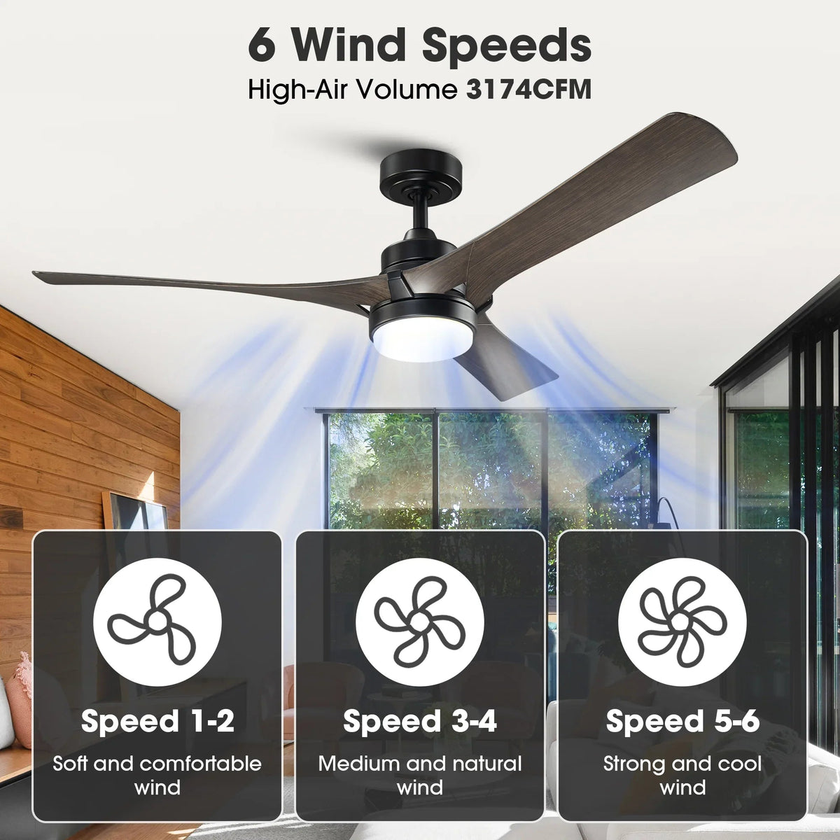 Black ceiling fan with dark wood blades; six wind speeds for adjustable airflow