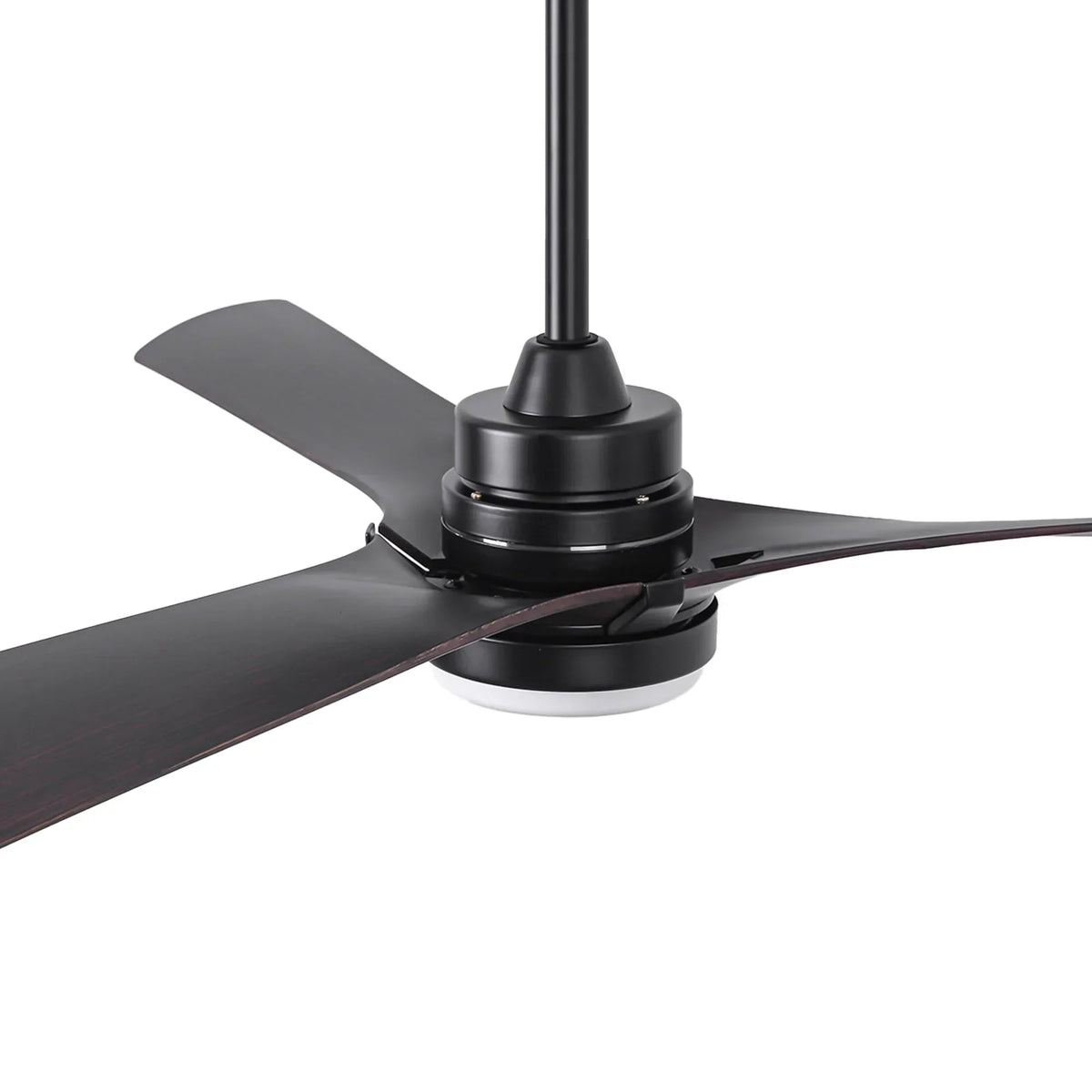Black ceiling fan motor housing with downrod and three dark wood blades