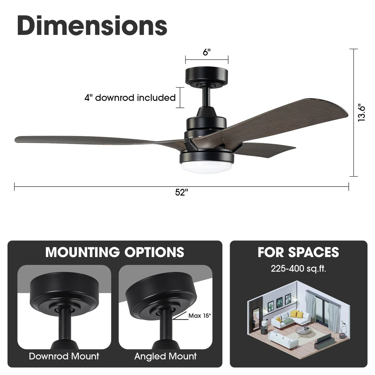 Black LED ceiling fan with 52-inch blade span and 4-inch downrod included