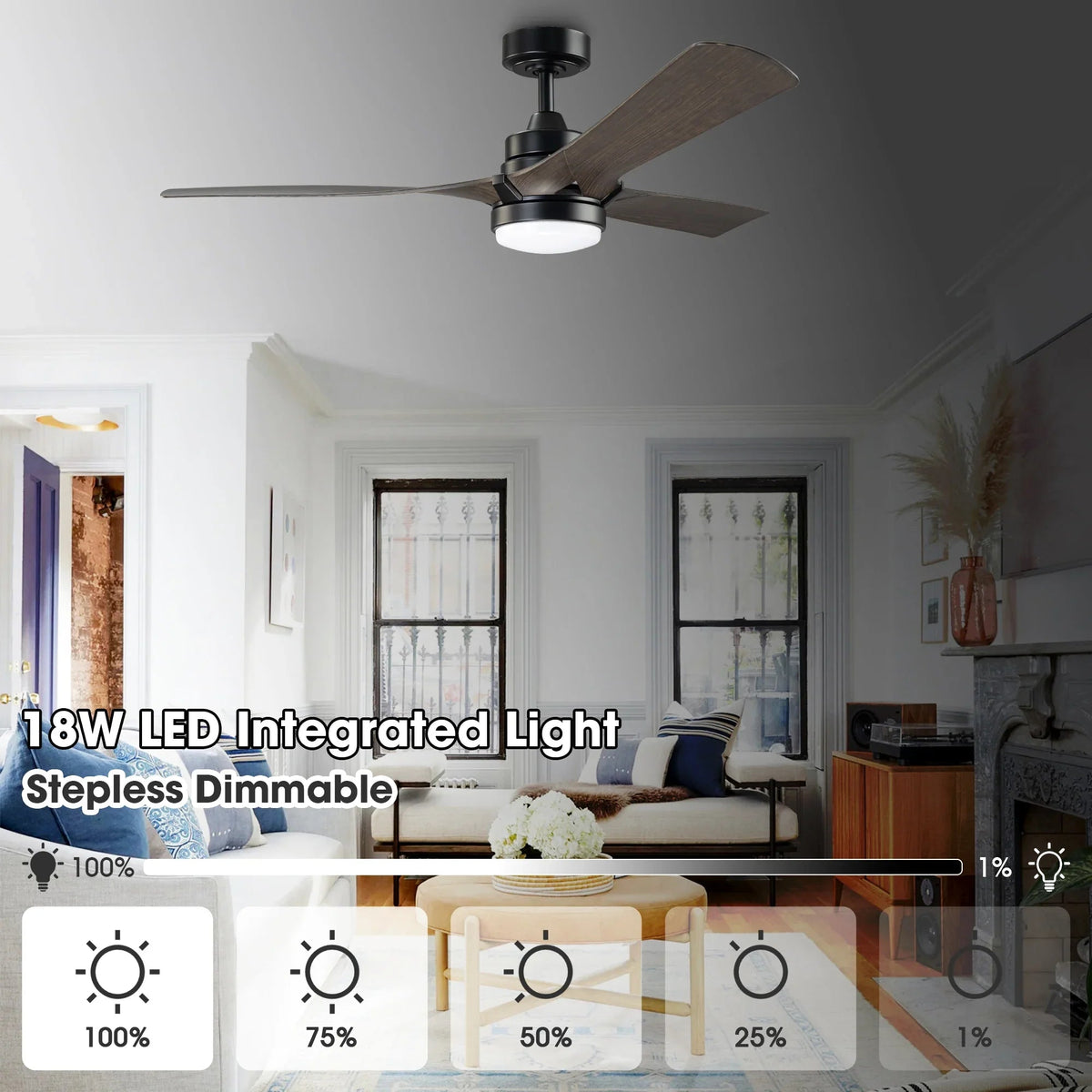 Black ceiling fan with dark wood blades and integrated LED light with dimmable settings