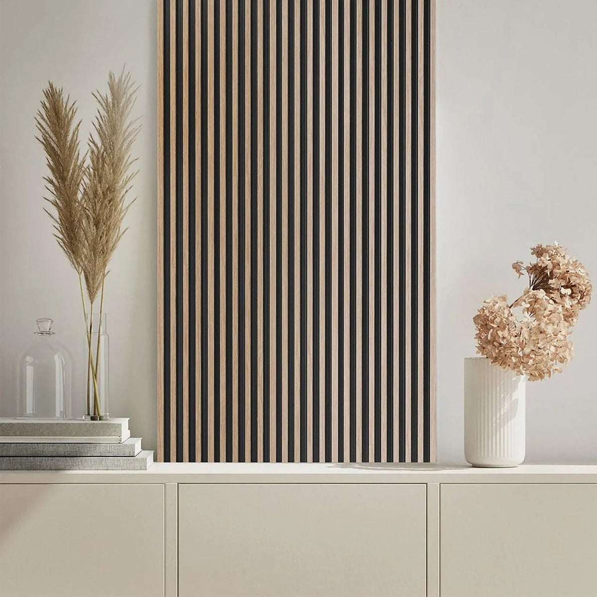 Parrot Uncle acoustic wood wall panel set, dark vertical slat veneer panels (4-pack)