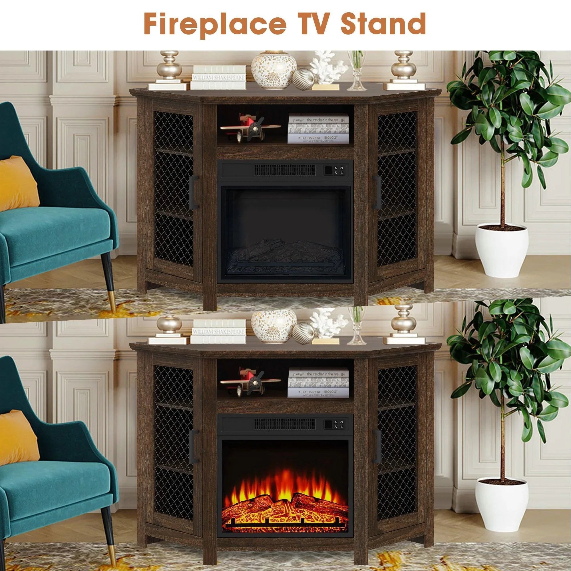 Brown electric fireplace TV stand with mesh doors and electric flame display insert