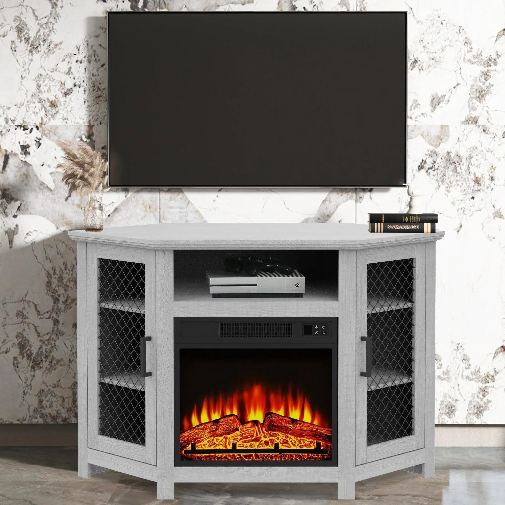 Grey electric fireplace TV stand with mesh doors and flame insert centered inside