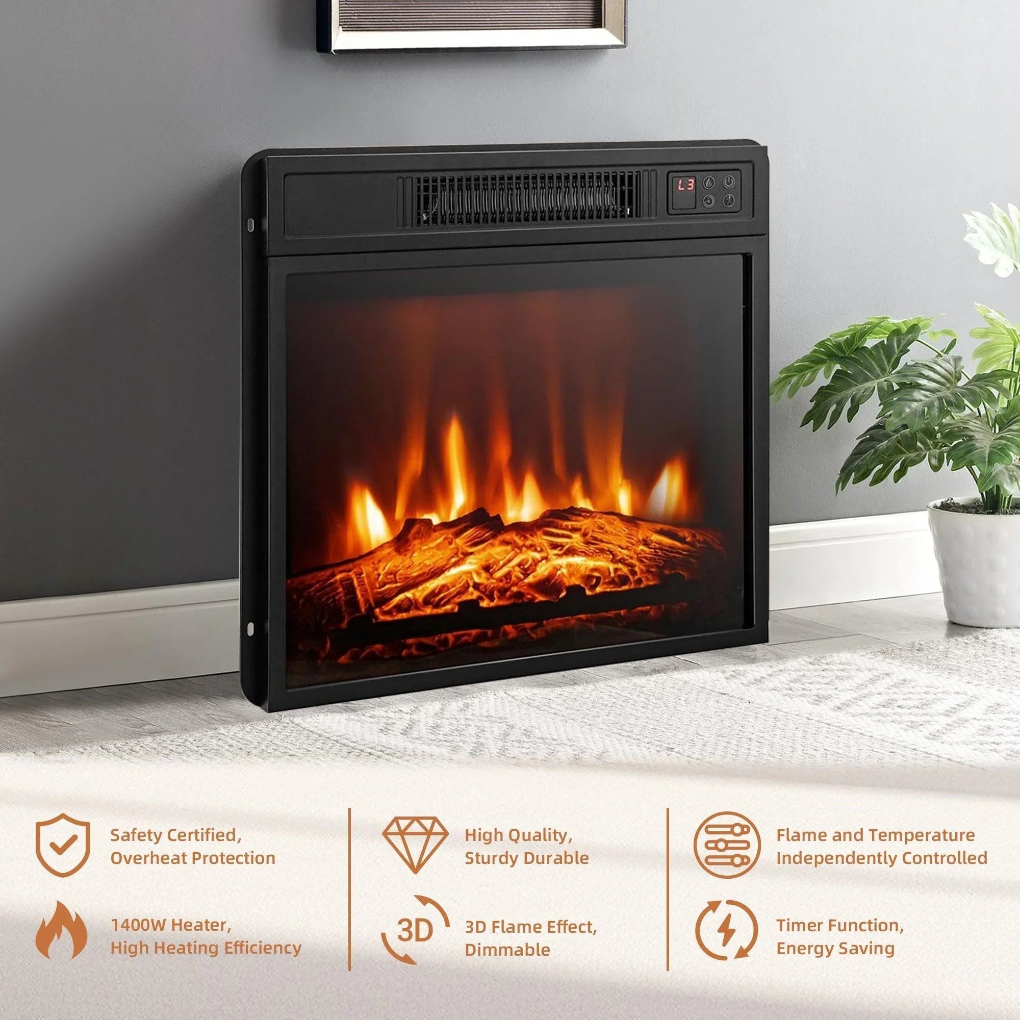 Black electric fireplace insert with glowing log bed and flame effect behind glass